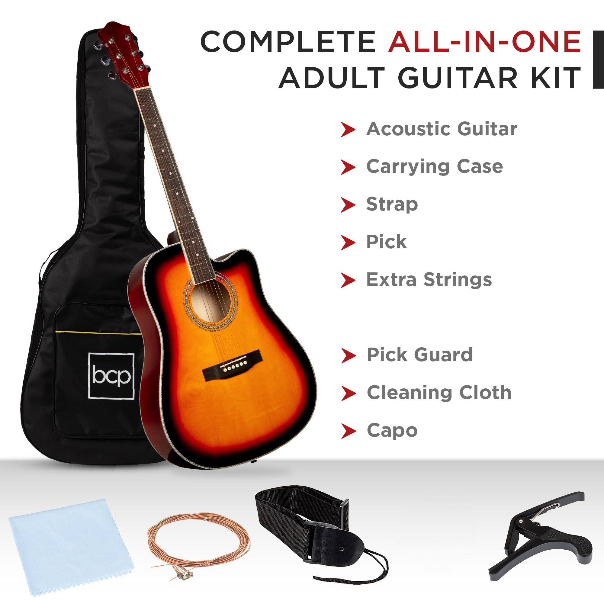 Best Choice Products 41in All Wood Beginner Acoustic Guitar Set - Brown with Case, Strap, Capo, Strings, Picks, Tuner