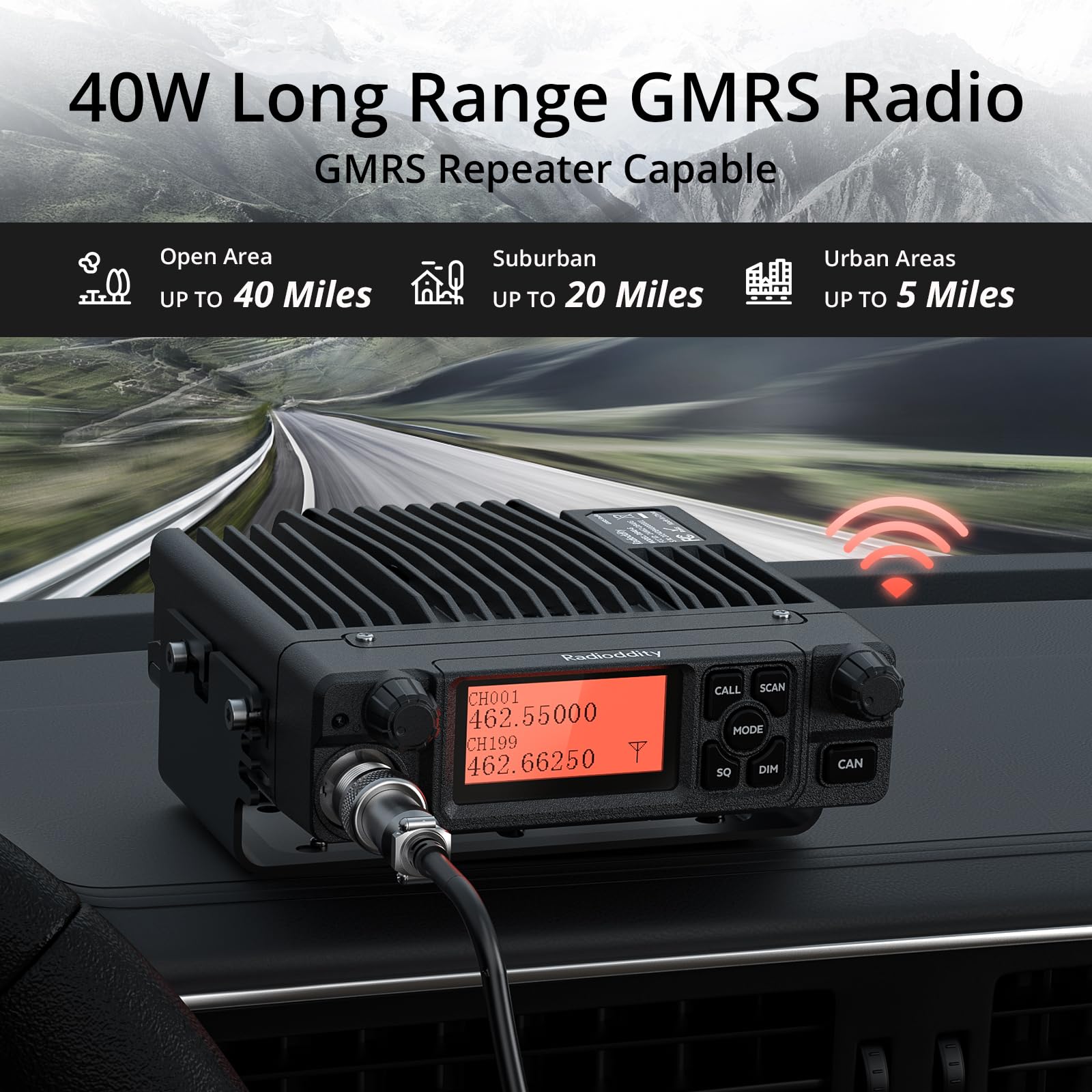 Radioddity Db40 G Gmrs Mobile Radio, 40 Watts Long Range Two Way Radio, Gmrs Repeater Capable, 199 Channels, Supports Uhf Scanni