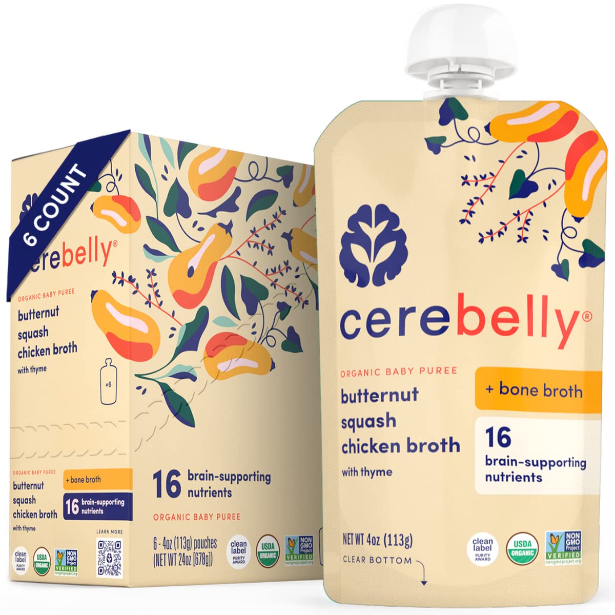 Cerebelly Baby Food Pouches   Butternut Squash Chicken Broth  Bone Broth (Pack Of 6)   Organic Veggie Purees   16 Brain Supporti