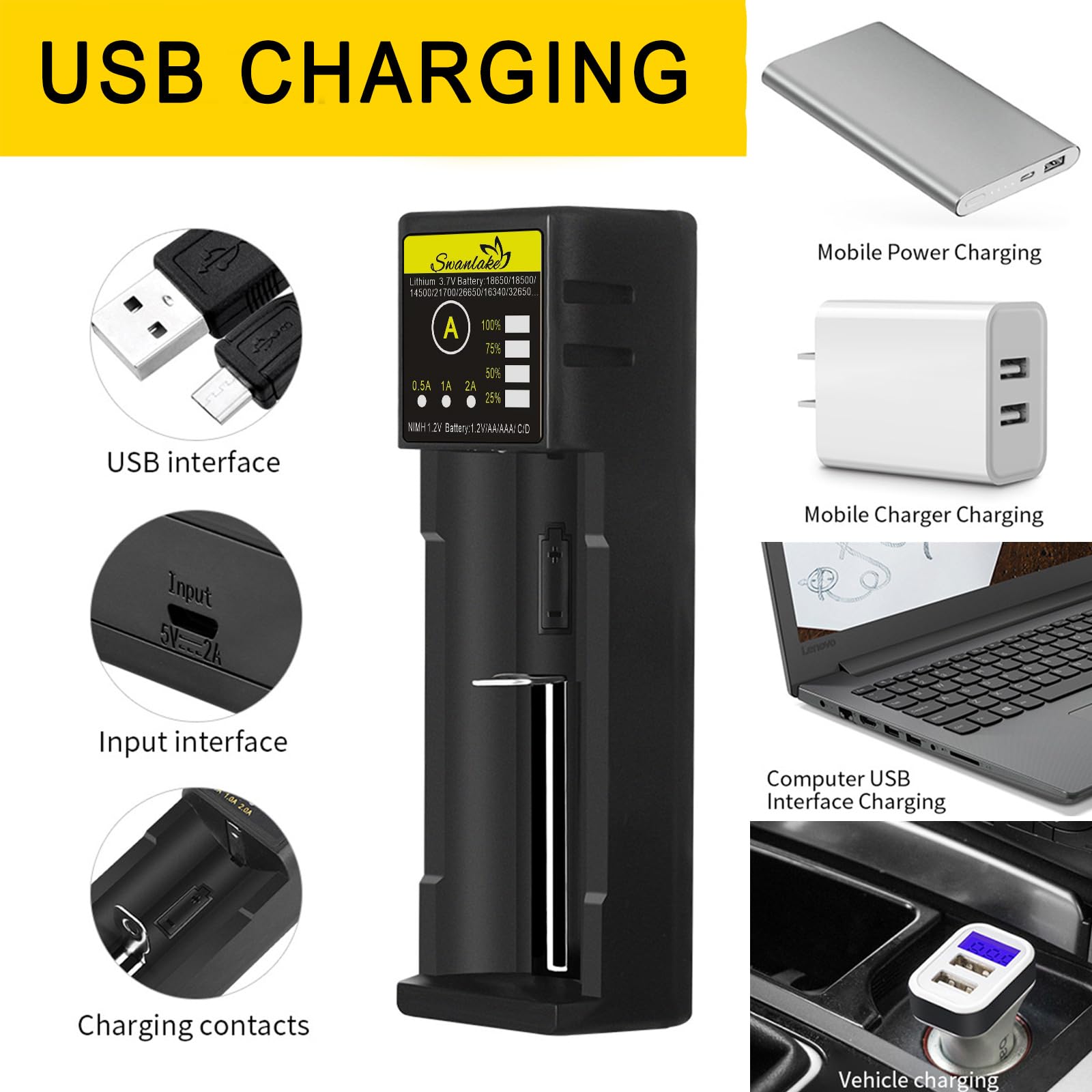 Swanlake 18650 Battery Charger Aa Battery Fast Charger For 3.7V Lithium Ion 18650 18500 14500 21700 17500 16340 26650 20700 Batt