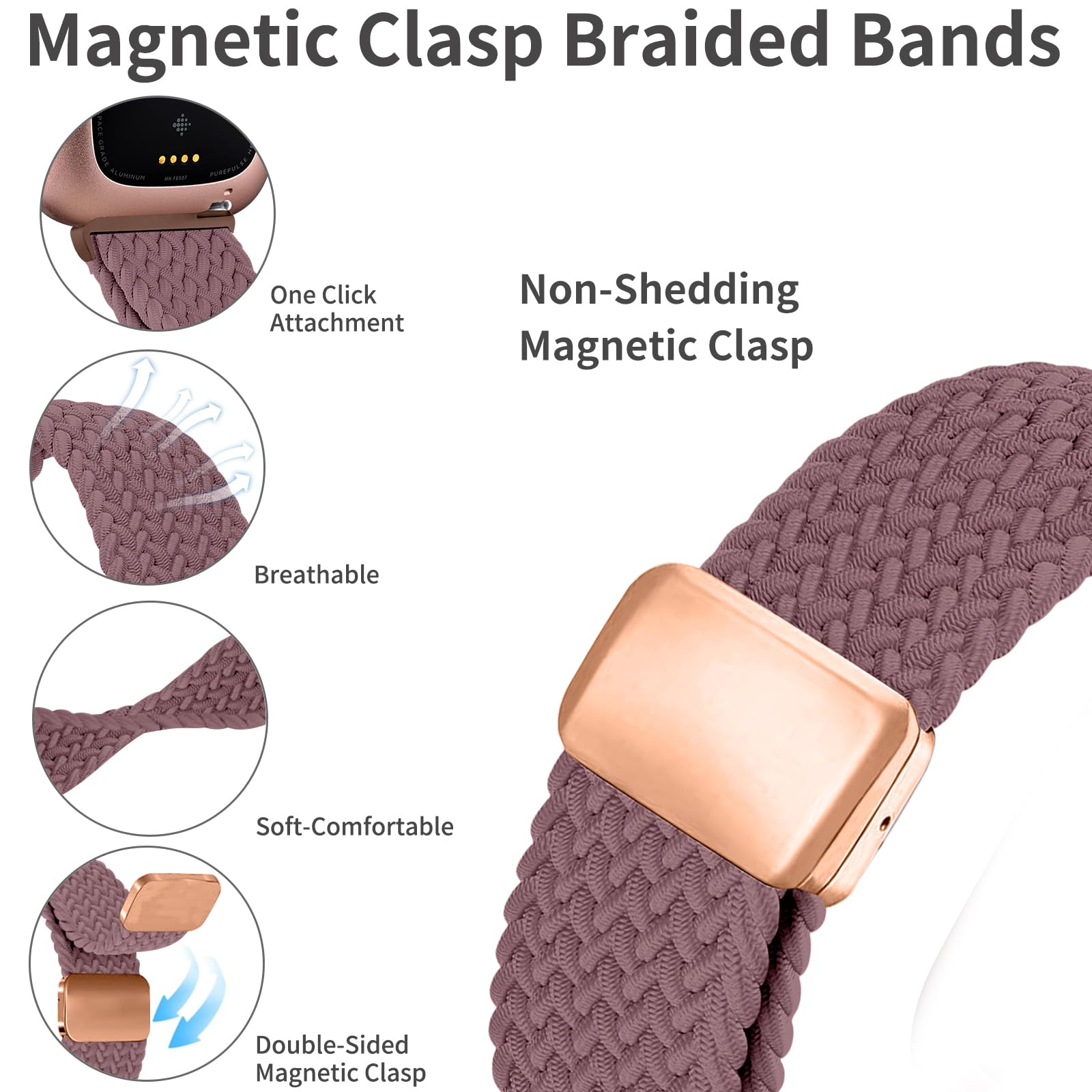 Zspoly Braided Band Compatible With Fitbit Versa 4 Bands For Women/Versa 3/Sense 2/Sense Band, Magnetic Clasp Elastic Fabric Spo