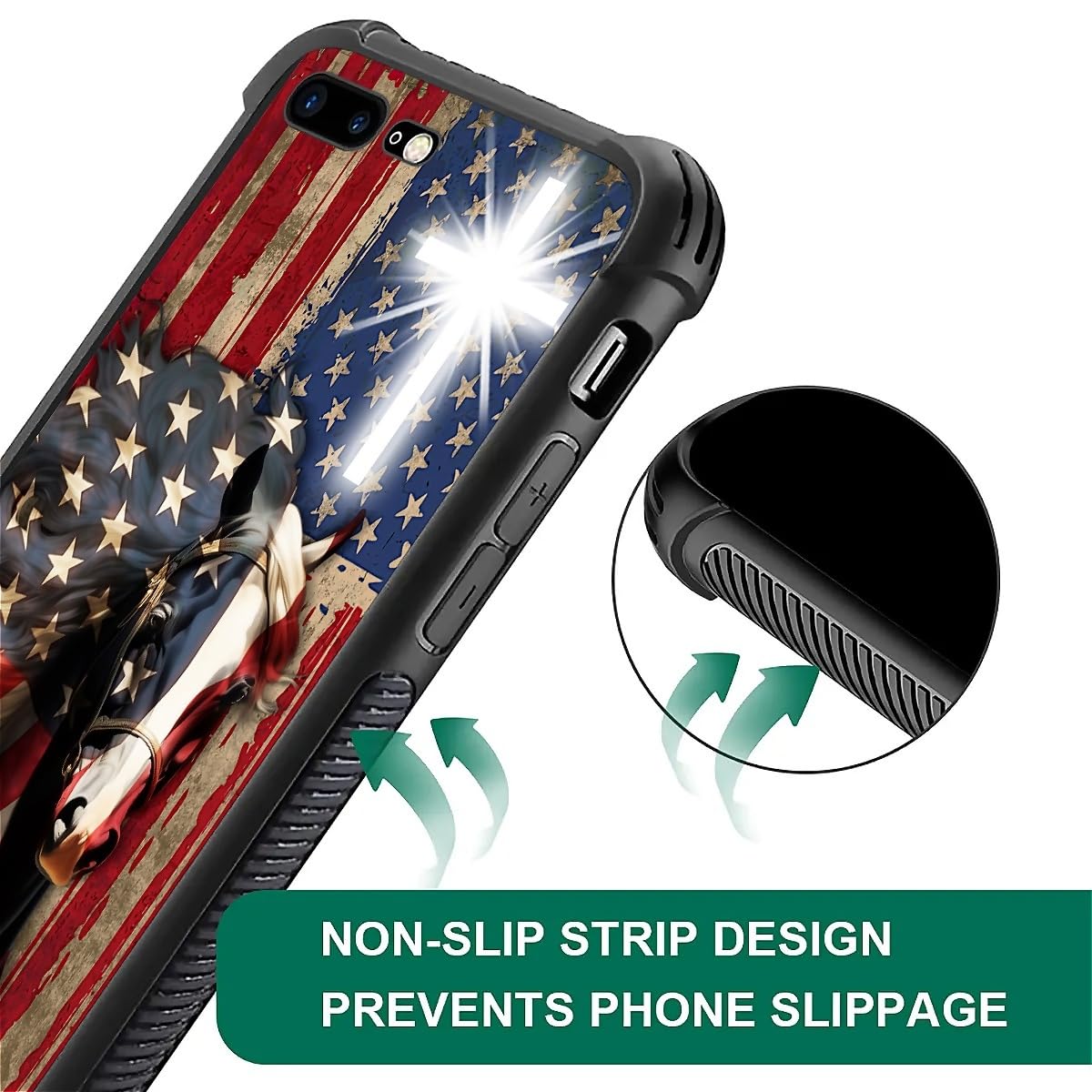 Fkbrcl4U Case For Iphone 7 Plus/8 Plus, Red American Flag Horse Cross Pattern, Soft Silicone Hard Acrylic For Shock Protection