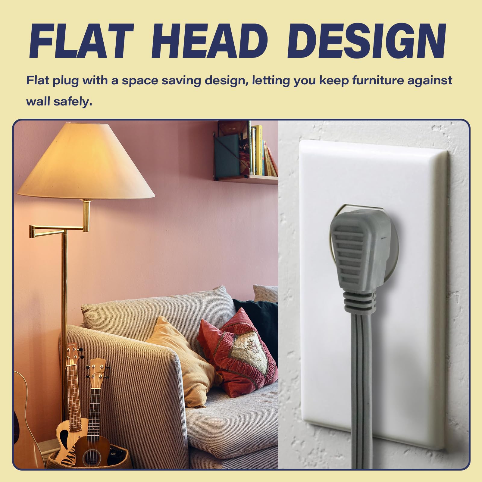 Ep 9 Ft 3 Outlet Extension Cord With Flat Plug, 3 Prong Grounded, 16/3 Spt 3 Power Cable For Indoor Use, Grey, 2 Pack