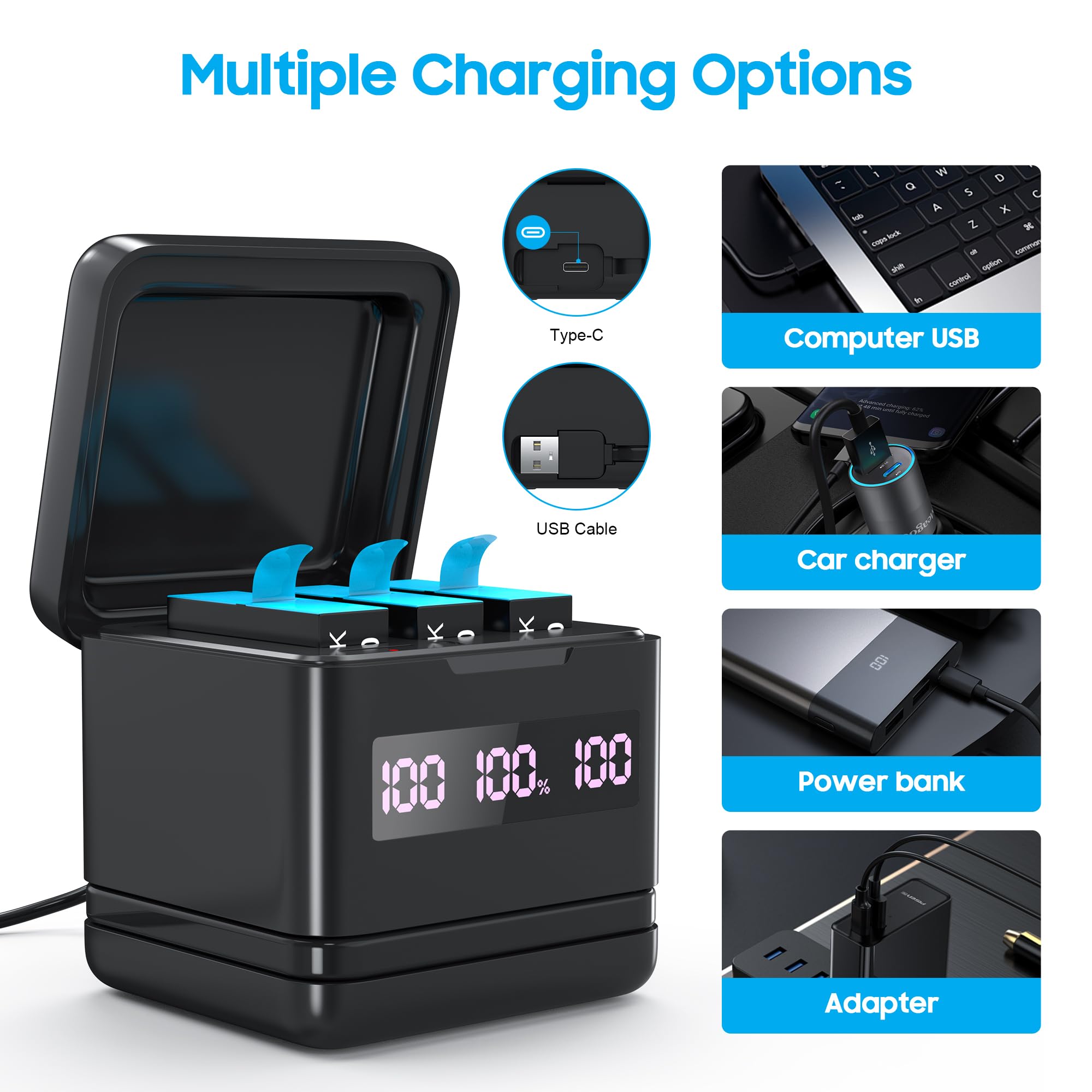 2 Pack Batteries For Hero 9/10/11/12 2000Mah And Storage Quick Charger With High Speed Micro Sd Card Reader Function, Fully Comp