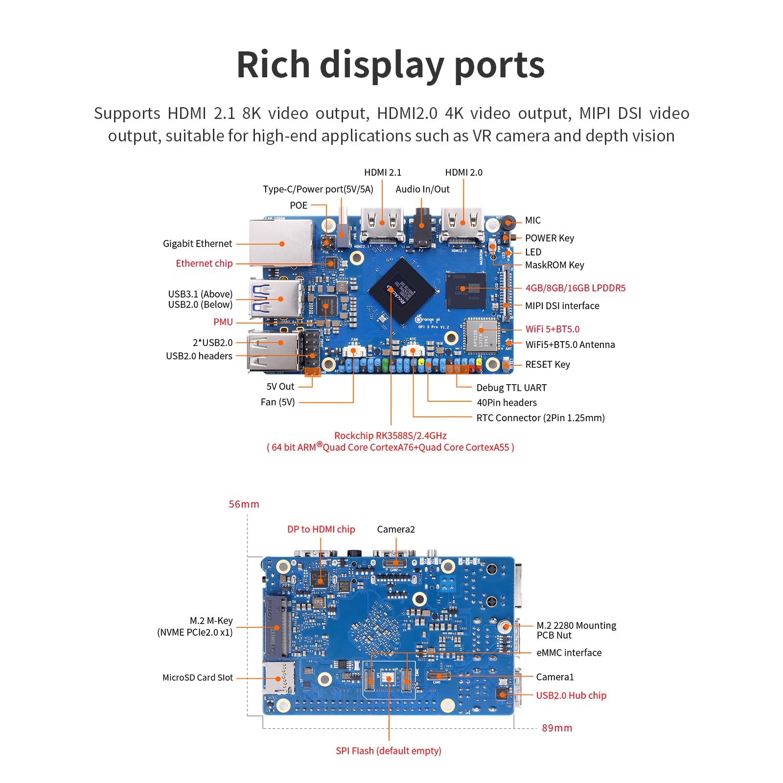 Generic Orange Pi 5 Pro 4Gb Lpddr5 8 Core 64 Bit Rk3588S Single Board Computer, 8K Video Decoding 2.4Ghz Frequency Wifi Bluetoot
