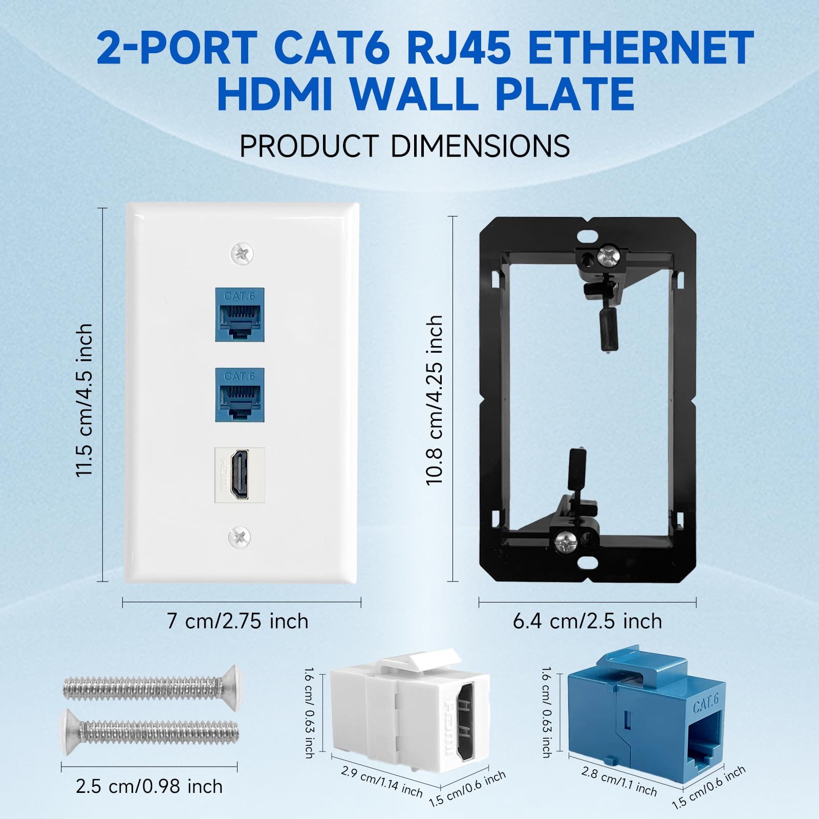 FQQF 4 Pack HDMI Ethernet Wall Plate 2-Port Cat6 RJ45 1-Port HDMI with Mounting Bracket White WP-2CAT+HDMI