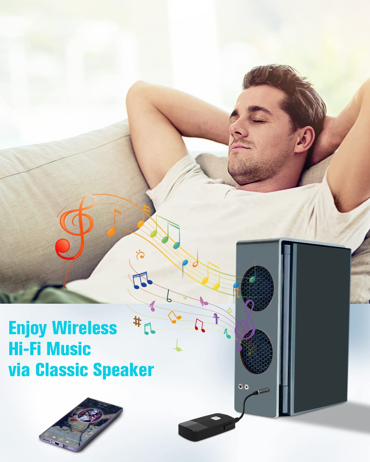 Golvery Upgraded Bluetooth 5.4 Receiver For Speaker, Wireless Audio Adapter For Home Audio Car Stereo With 3.5Mm Rca Jack, 20 Hours Playtime, Dual Connection To 2 Phones, Easy Control On/Off Slider