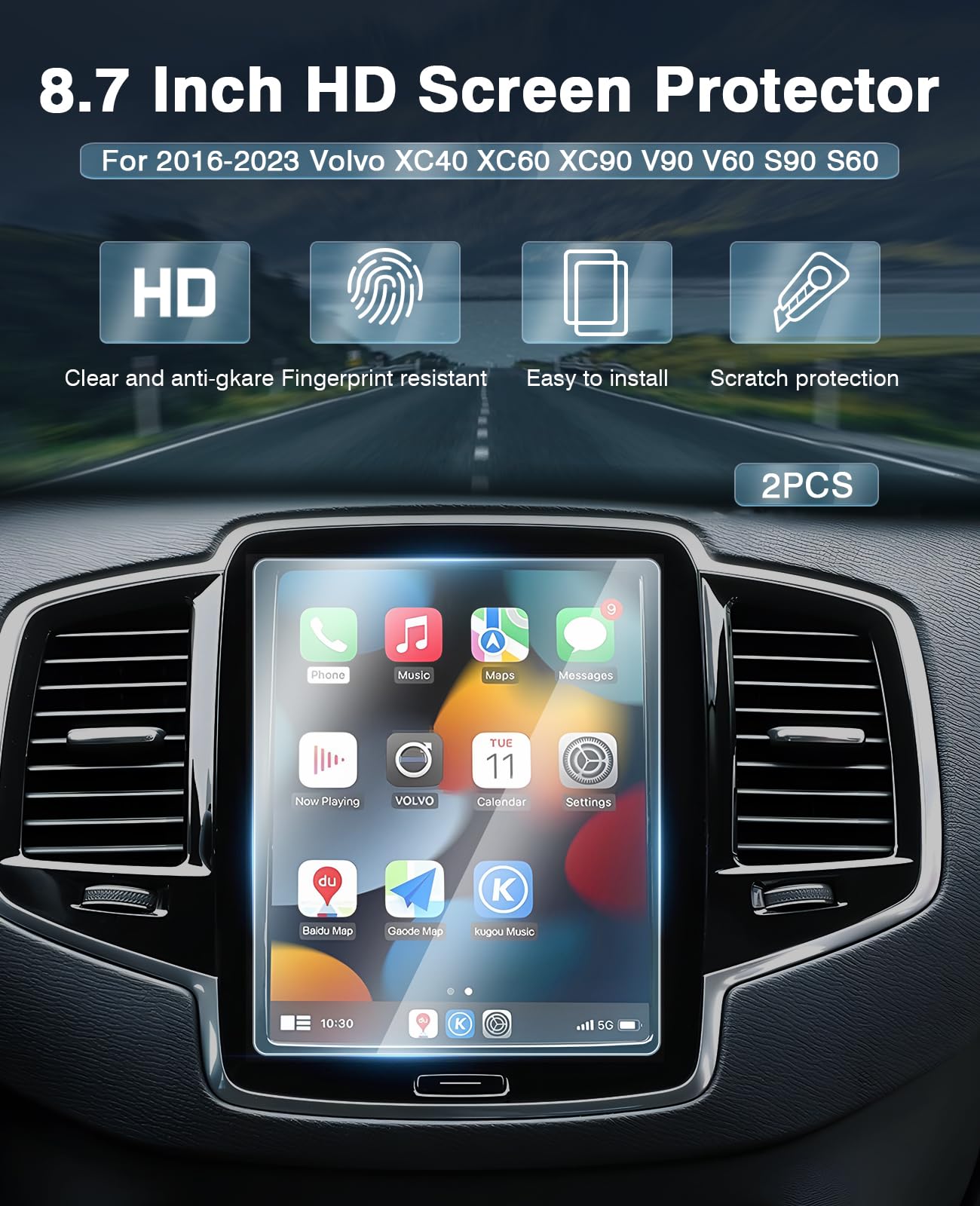 Sunsdrew 2Pcs Volvo Screen Protector For Volvo Xc40 Xc60 2018 2024/S60 S90 V60 19 24/Xc90 16 24/V90 17 24,8.7 Inch Anti Glare Tempered Glass Touchscreen Protector For Volvo Accessories Matte