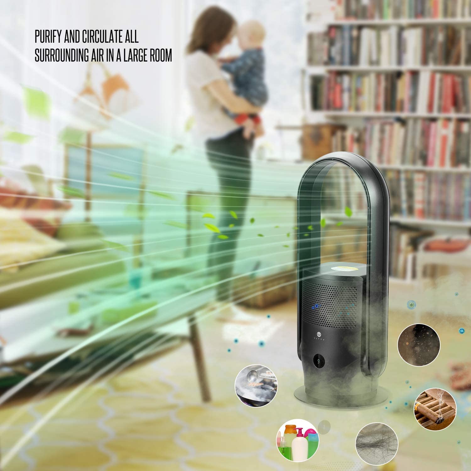 Ultty Bladeless Tower Fan And Air Purifier In One, 90 Oscillating Bladeless Fan With Remote, Touch, 8H Timer, Floor Fans For Bed