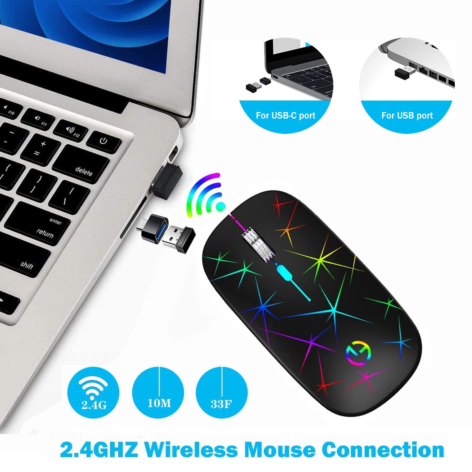 Taiyang Wireless Mouse, 2.4G Portable Optical Quiet Rgb Mouse With Usb Receiver And Type C Adapter, 3 Adjustable Dpi Levels, Wir