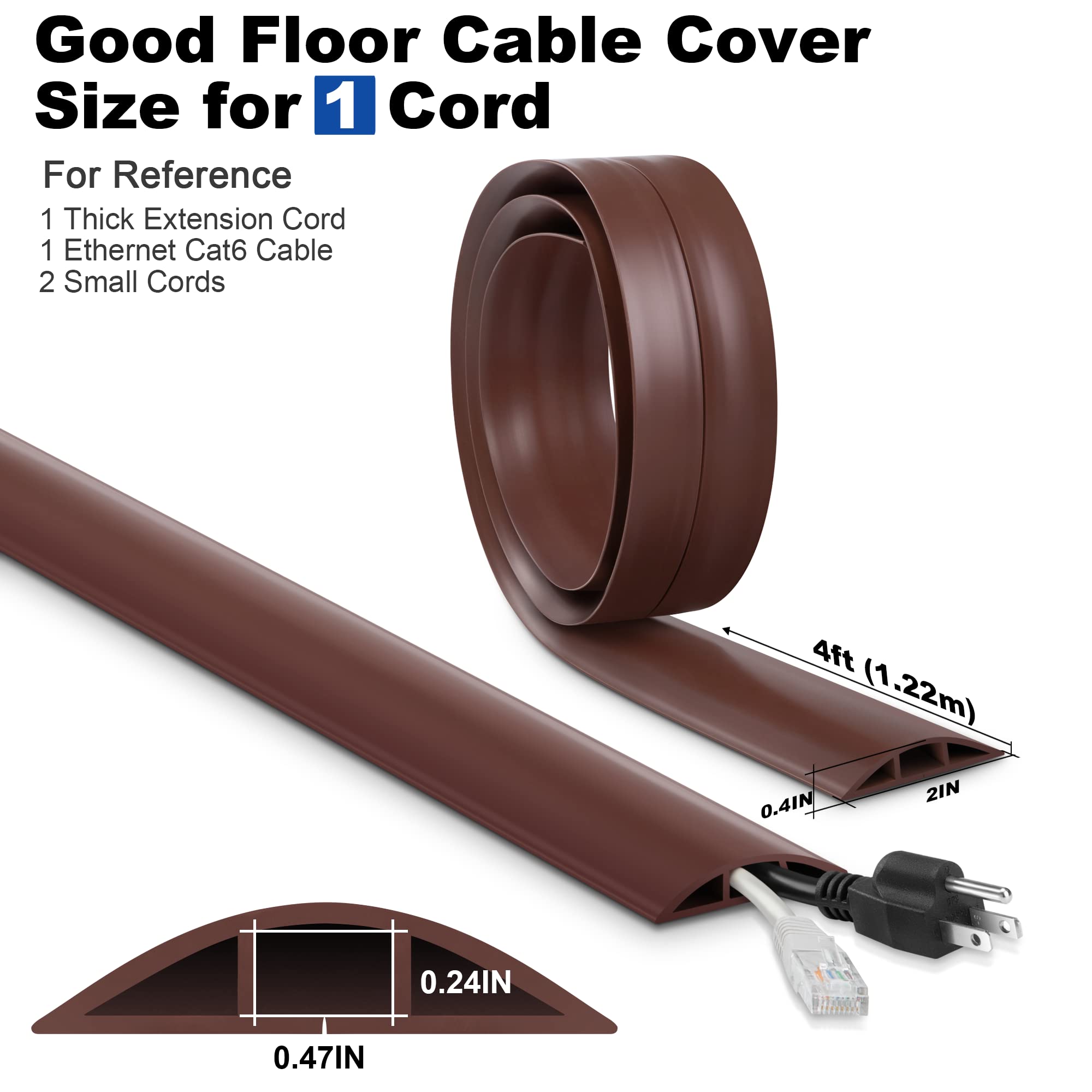 4Ft Cord Cover Floor, Brown Cord Hider Floor, Extension Cable Cover Power Cord Protector Floor, Cable Management Hide Cords On F