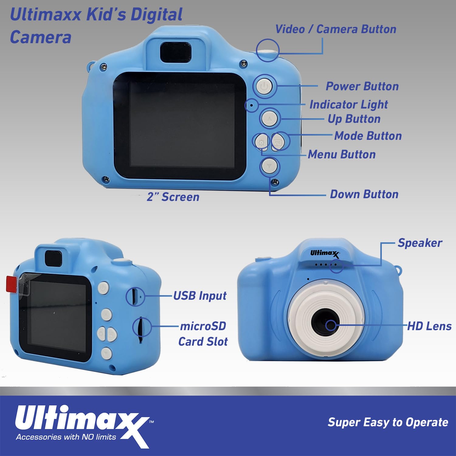 Ultimaxx Essential Kids Digital Camera Bundle (Blue)   Includes: 32Gb Microsd Card, High Speed Memory Card Reader With Internal Microsd Slot, Lanyard, Microfiber Cloth & More (6Pc Bundle)