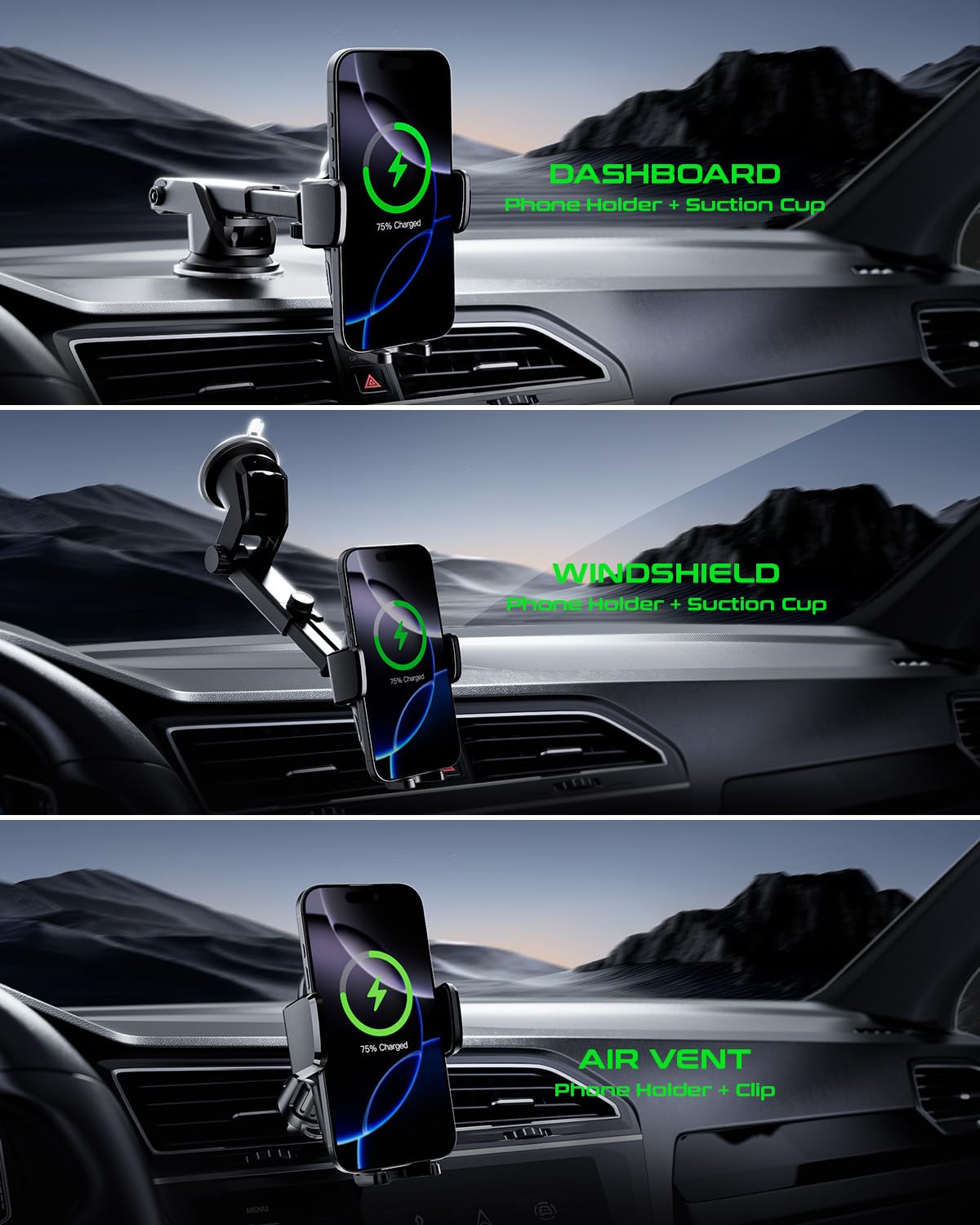 Eazpower Car Phone Holder Charger, Qi 15W Fast Charging Wireless Car Charger Mount, Auto Clamping Dashboard Air Vent Windshield