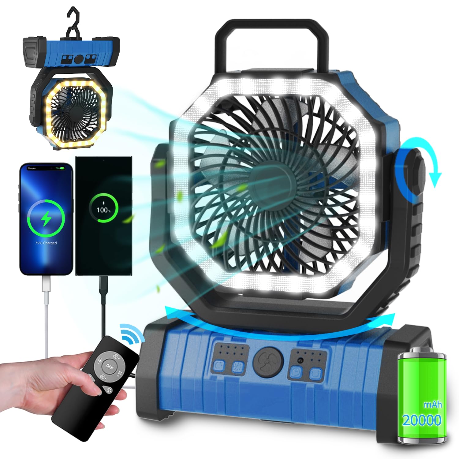 Adust Camping Fan Battery Operated Powered Fan With Led Lantern Light 20000Mah Rechargeable Portable Fan, Oscillating Fan With 3