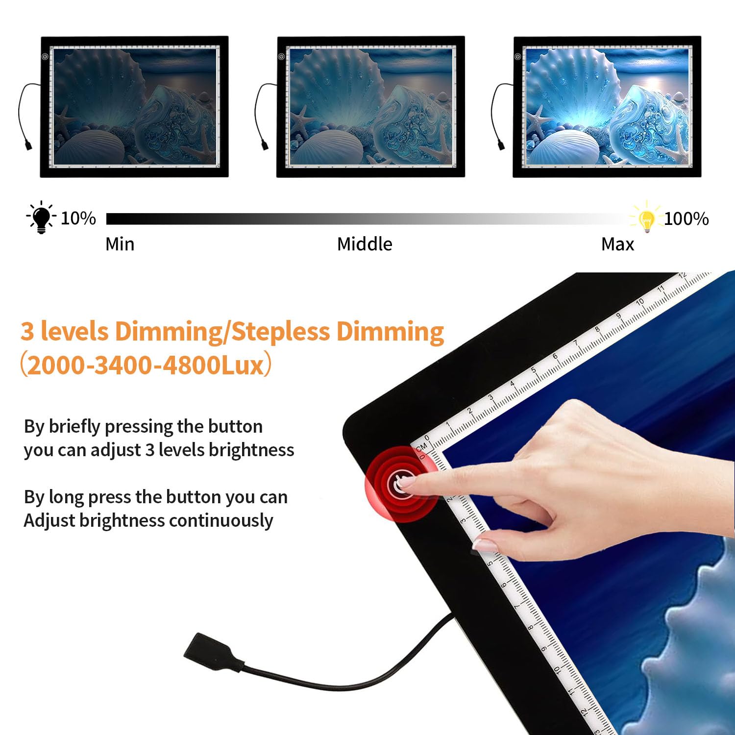 Zocelight A2 Light Pad,7Mm Ultra Thin Led Light Box,3 Levels Dimming/Stepless Dimming Light Table With 2 Clips And 12V 2A Adapte