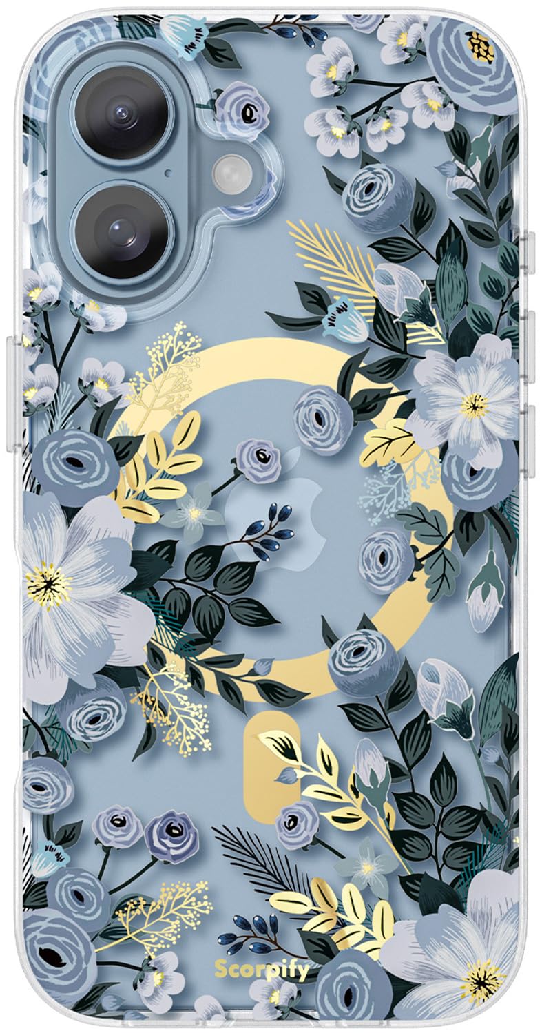 Scorpify For Iphone 16 Case [Compatible With Magsafe] With Blue Nemophila Floral Design, Cute Clear Flower Magnetic Phone Cover