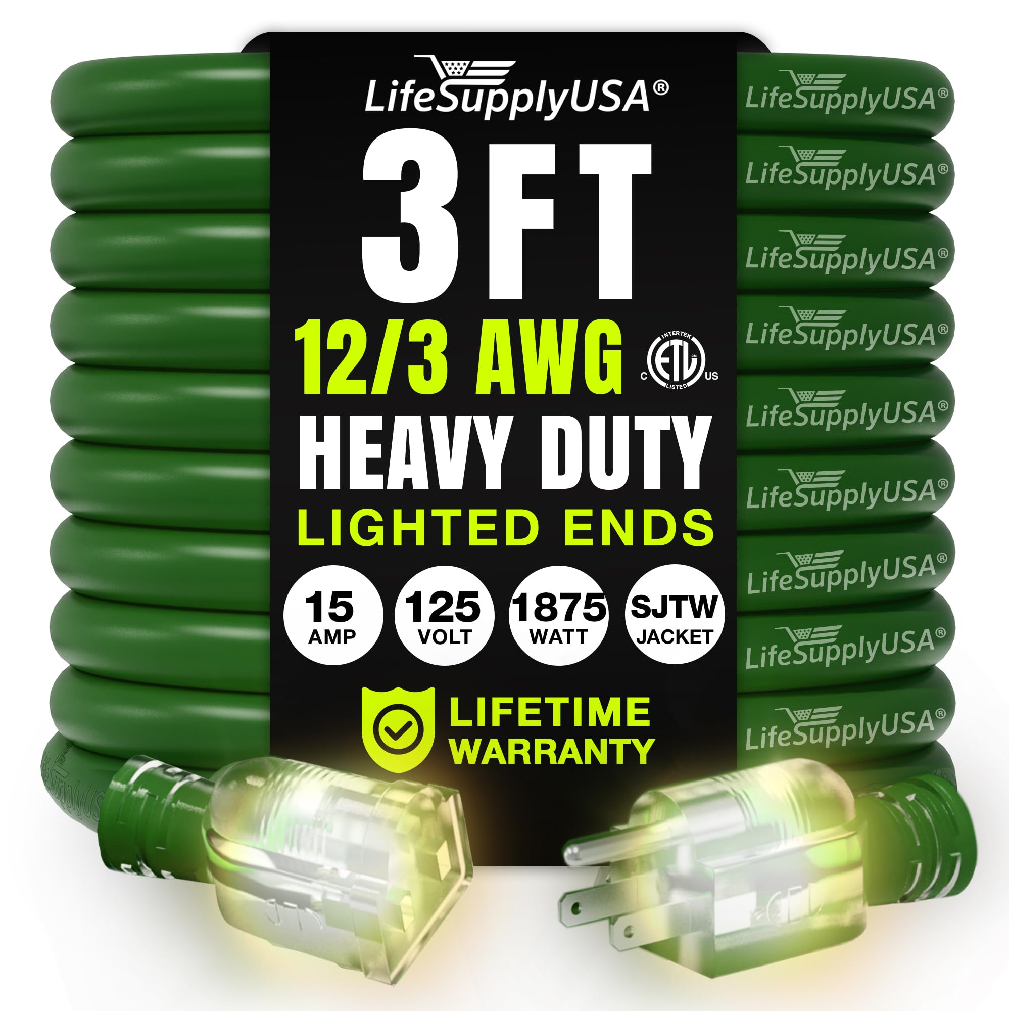 3Ft Power Outdoor Extension Cord & Indoor   Waterproof Electric Drop Cord Cable   3 Prong Sjtw, 12 Gauge, 15 Amp, 125 Volts, 187