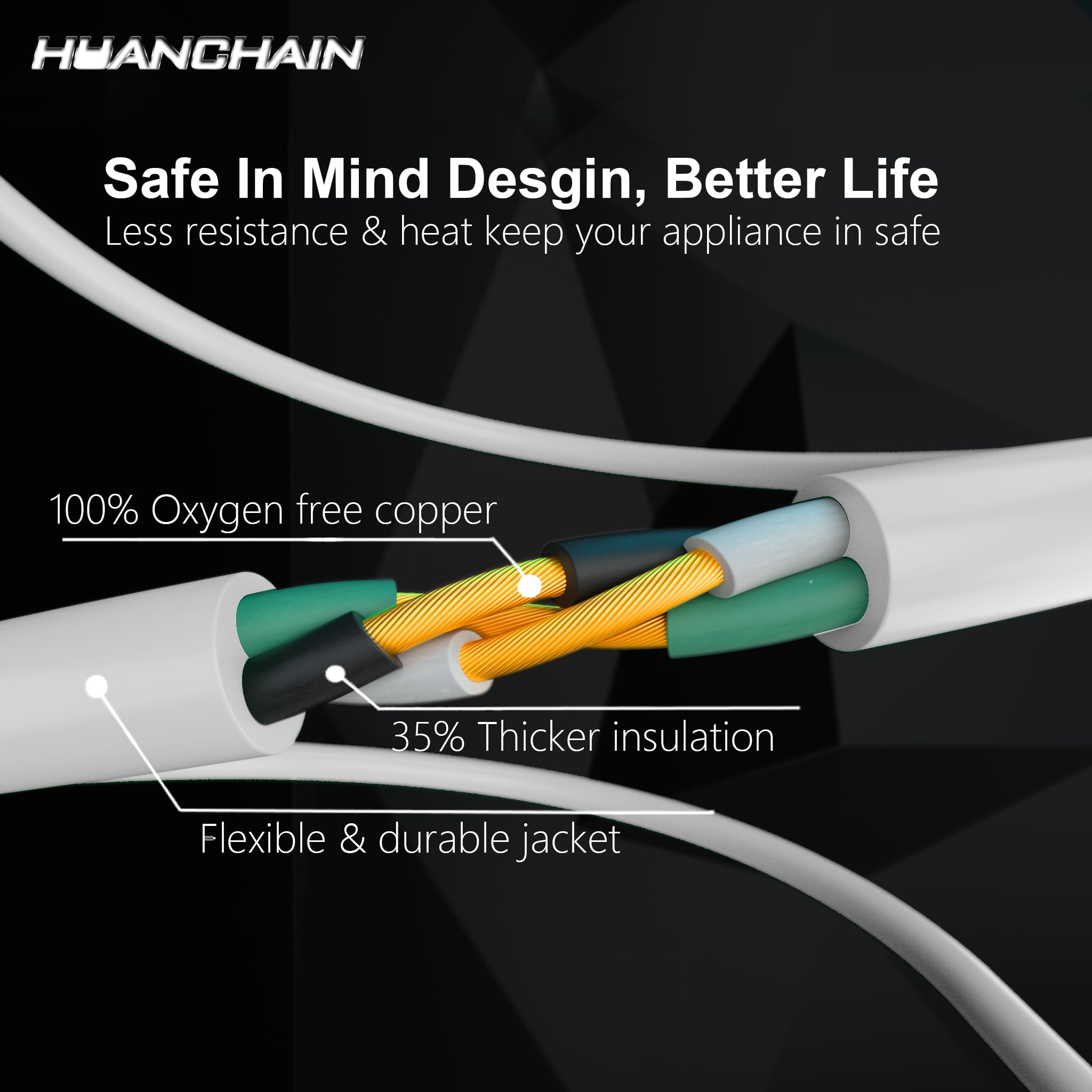 Huanchain Indoor Outdoor White Extension Cord 2 Pack 3 Ft Waterproof, 16/3 Gauge Flexible Cold Resistant Appliance Extension Cor