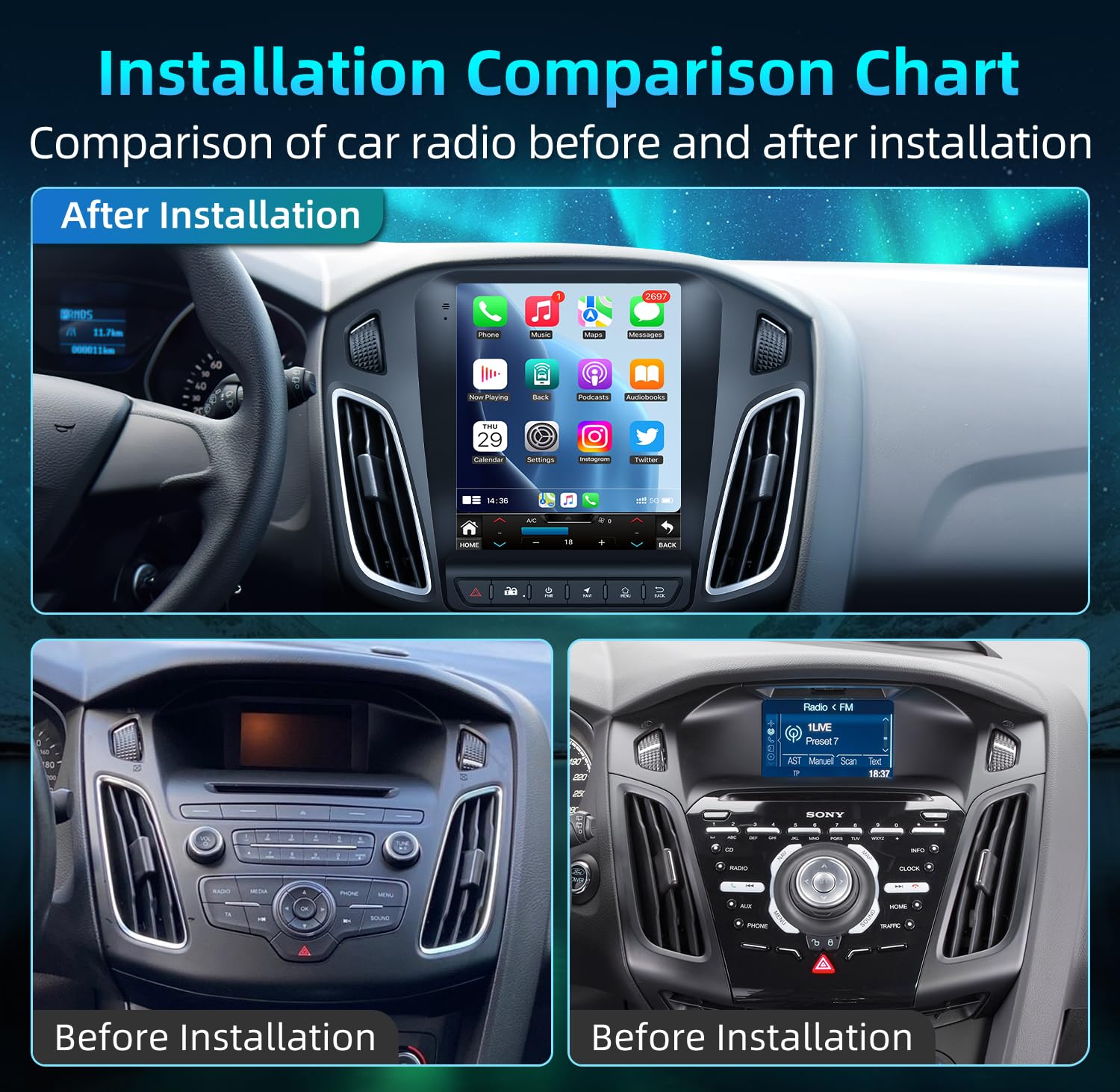 Car Radio For Ford Focus 2012 2018: [4G+32G] 5G Wi Fi 10.4 Inch Oled Touchscreen Stereo Replacement With Wireless Carplay Androi