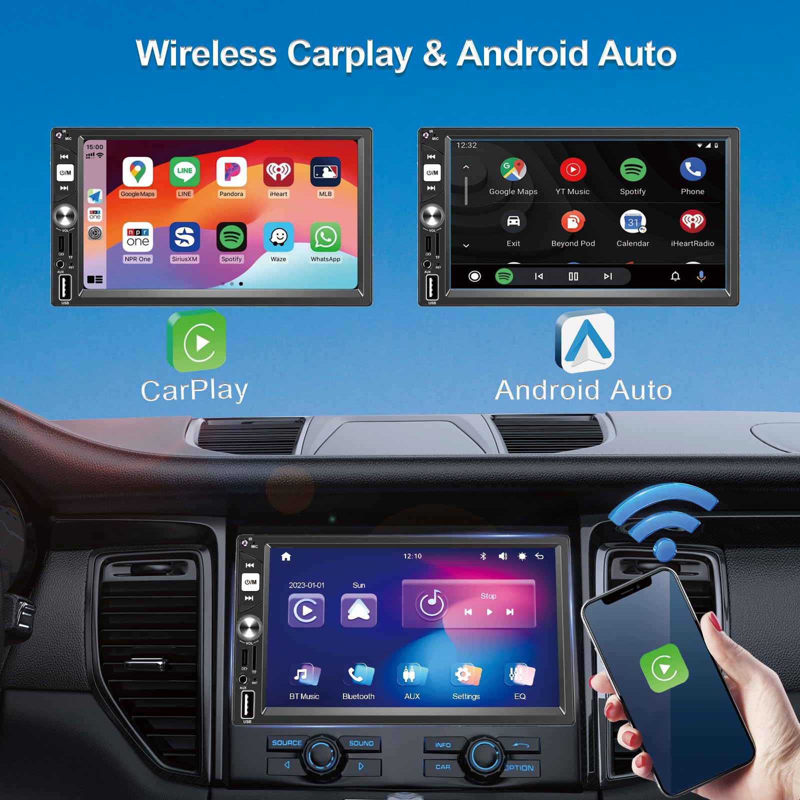 7   Wireless Works With Apple Carplay Double Din Car Stereo,Fm Car Radio,Car Bluetooth,Ips 1024 * 600 Touchscreen, Car Backup