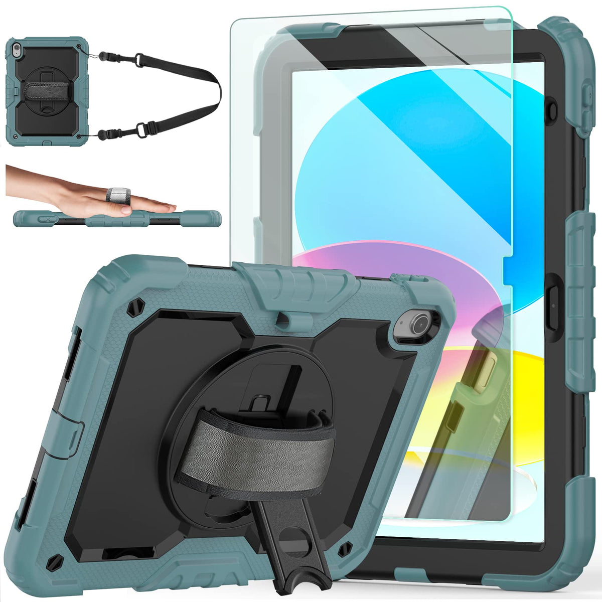 Ambison Case For Ipad (A16) 11Th Generation 2025 11-Inch/10Th Generation 2022 10.9'', Heavy Duty Shockproof Protective Case With 9H Tempered Glass Screen Protector,360° Rotate Hand Strap&Stand-Teal