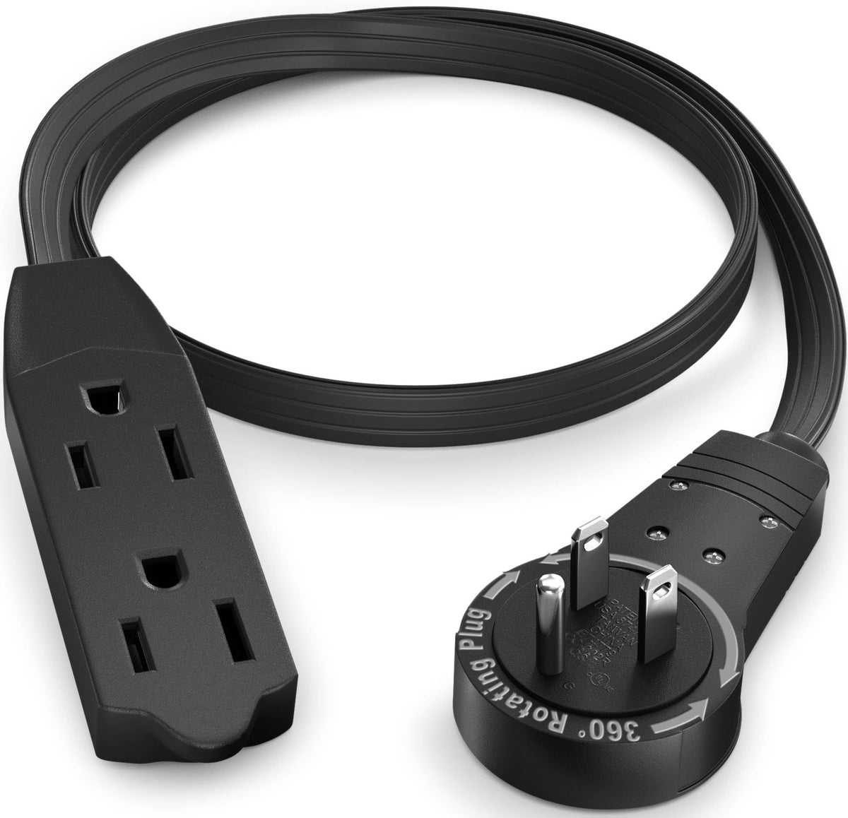 Maximm Cable 1 Ft 360 Rotating Flat Plug Extension Cord/Wire, 16 Awg Multi 3 Outlet Extension Wire, 3 Prong Grounded Wire - Blac