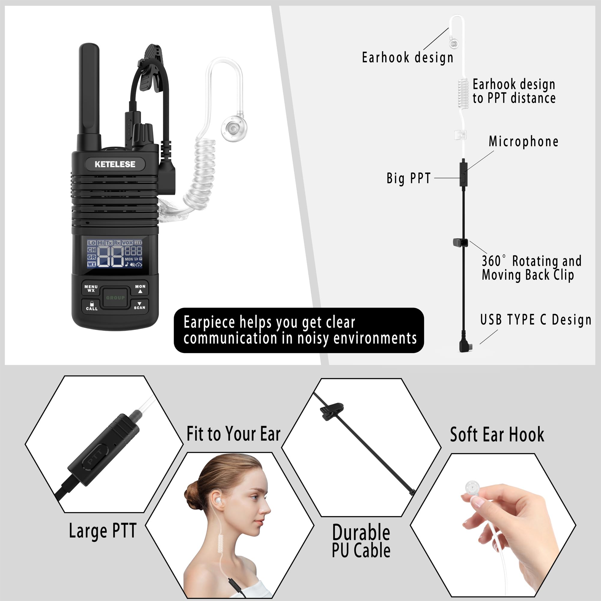 Ketelese Two Way Radio, Frs Walkie Talkies With Earpiece, Long Range Walkie Talkies For Adults, Usb C Rechargeable 2 Way Radio,
