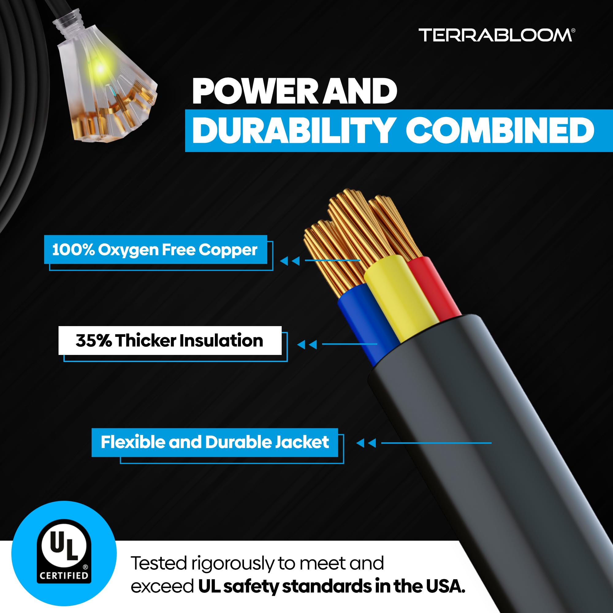 Terrabloom 14/3 Heavy Duty Extension Cord 100 Ft Outdoor   Black Outdoor Extension Cord Multiple Outlet   Ultra Flexible Sjeow R