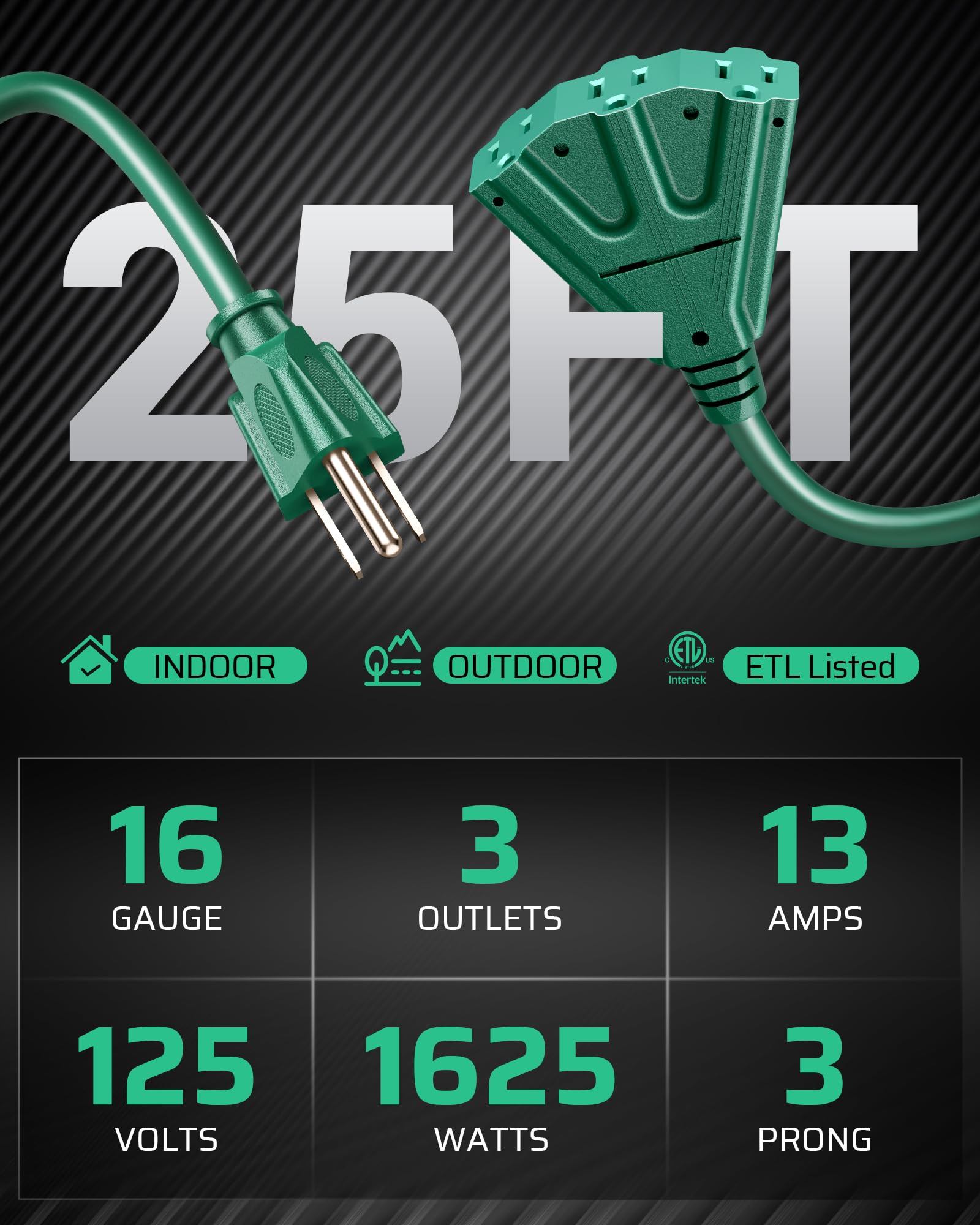 Dewenwils 25 Ft Green Outdoor Tri Tap Extension Cord Splitter For Halloween, Weatherproof 16/3 Sjtw Power Cable For Christmas Li