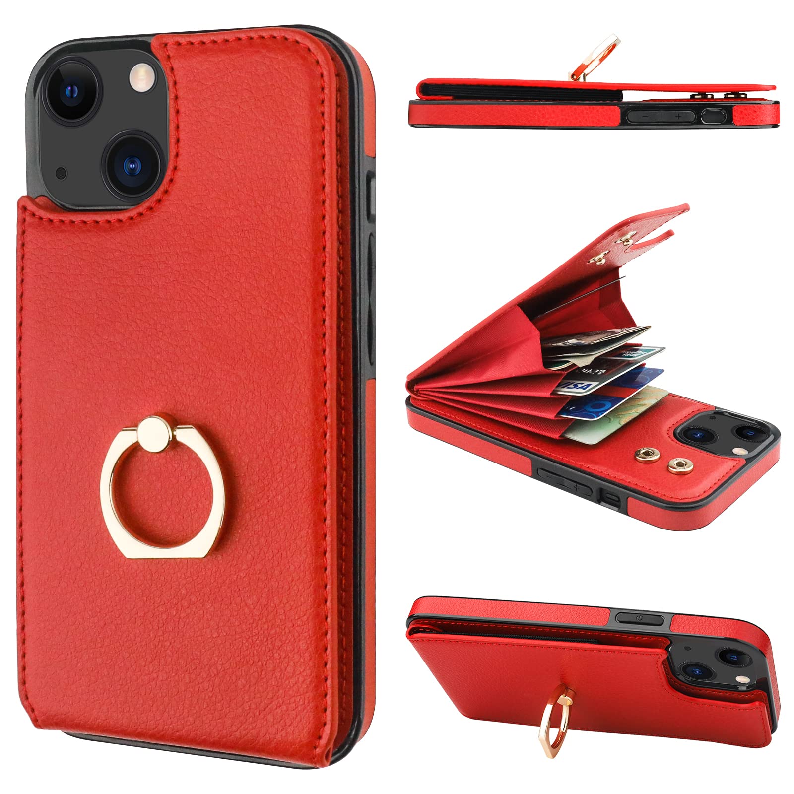 Folosu Compatible With Iphone 13 Case Wallet With Card Holder, 360   Rotation Finger Ring Holder Kickstand Protective Rfid Block