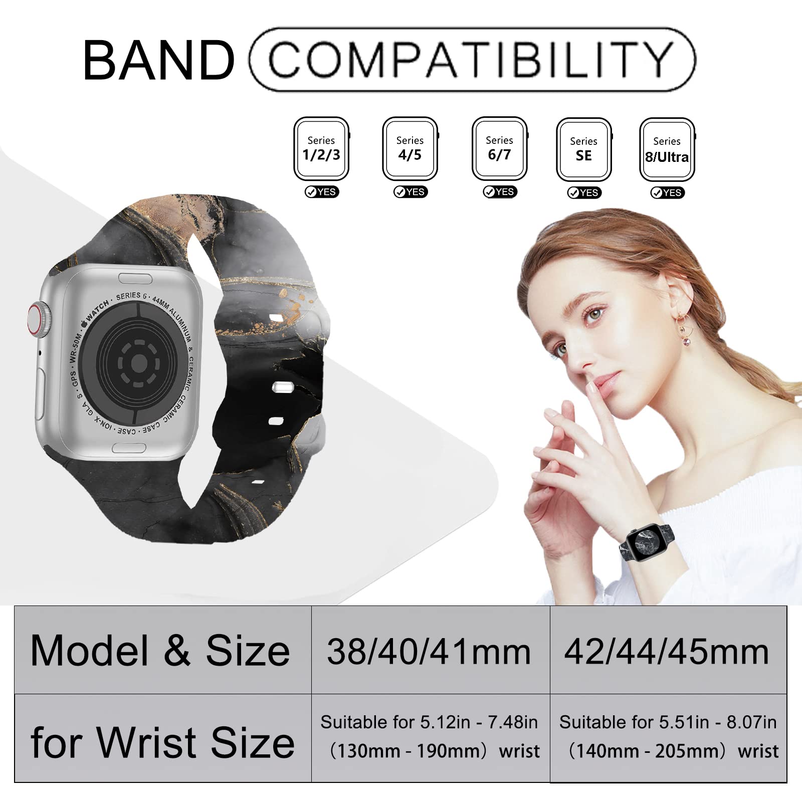 Sport Bands Compatible With Apple Watch Band 38Mm 40Mm 41Mm Women Girls,Black Gold Grey Marble Design Watch Band Silicone Wristb
