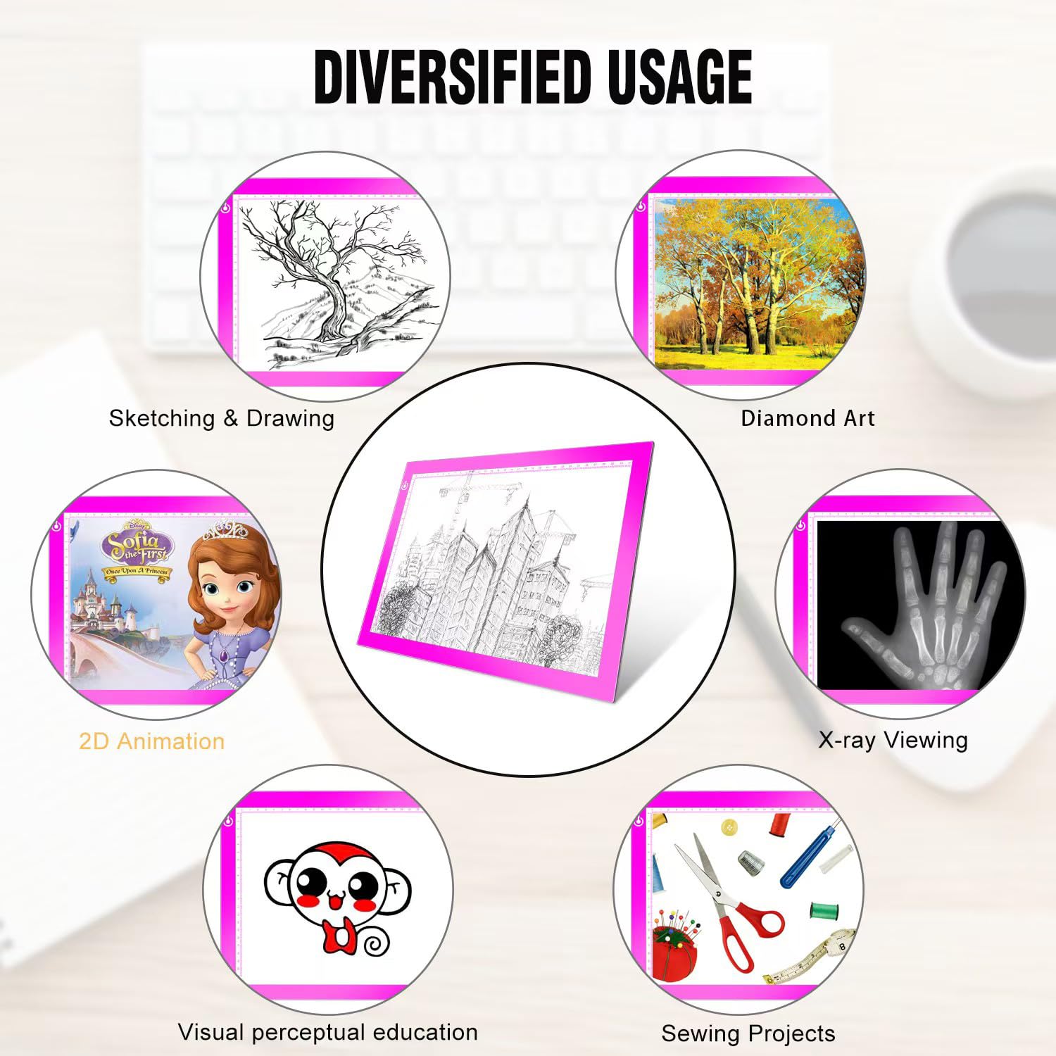 Pink A4 Dimmable Led Artcraft Light Box Tracer Slim Light Pad Portable Tablet, Usb Power Cable Copy Drawing Board Tracing Table