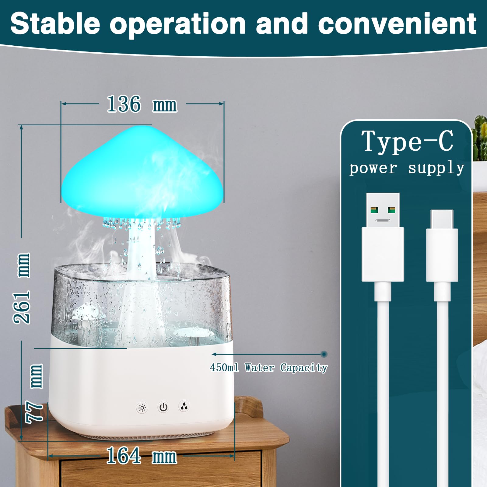 Cloud Humidifiers 450Ml Water Drip Mushroom Humidifiers With Remote Control 7 Colors Mood Light Air Humidifier Raindrop Humidifi