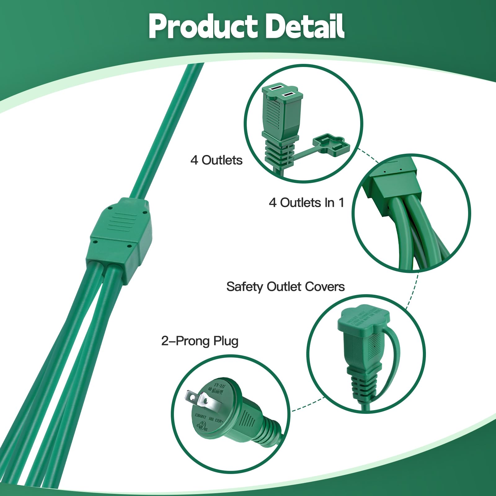 50Ft 4 Outlets Green Outdoor Extension Cords For Halloween Christmas Inflatables Blow Ups Yard Waterproof Outside With Multiple