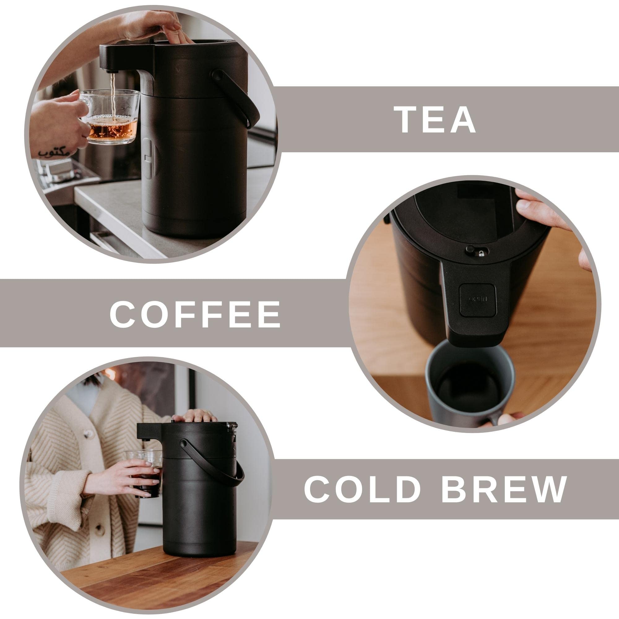 HASTINGS COLLECTIVE Airpot Coffee Dispenser - 2.5L Insulated Stainless Steel Carafe, 12H Hot/24H Cold, Black - Model Hemma