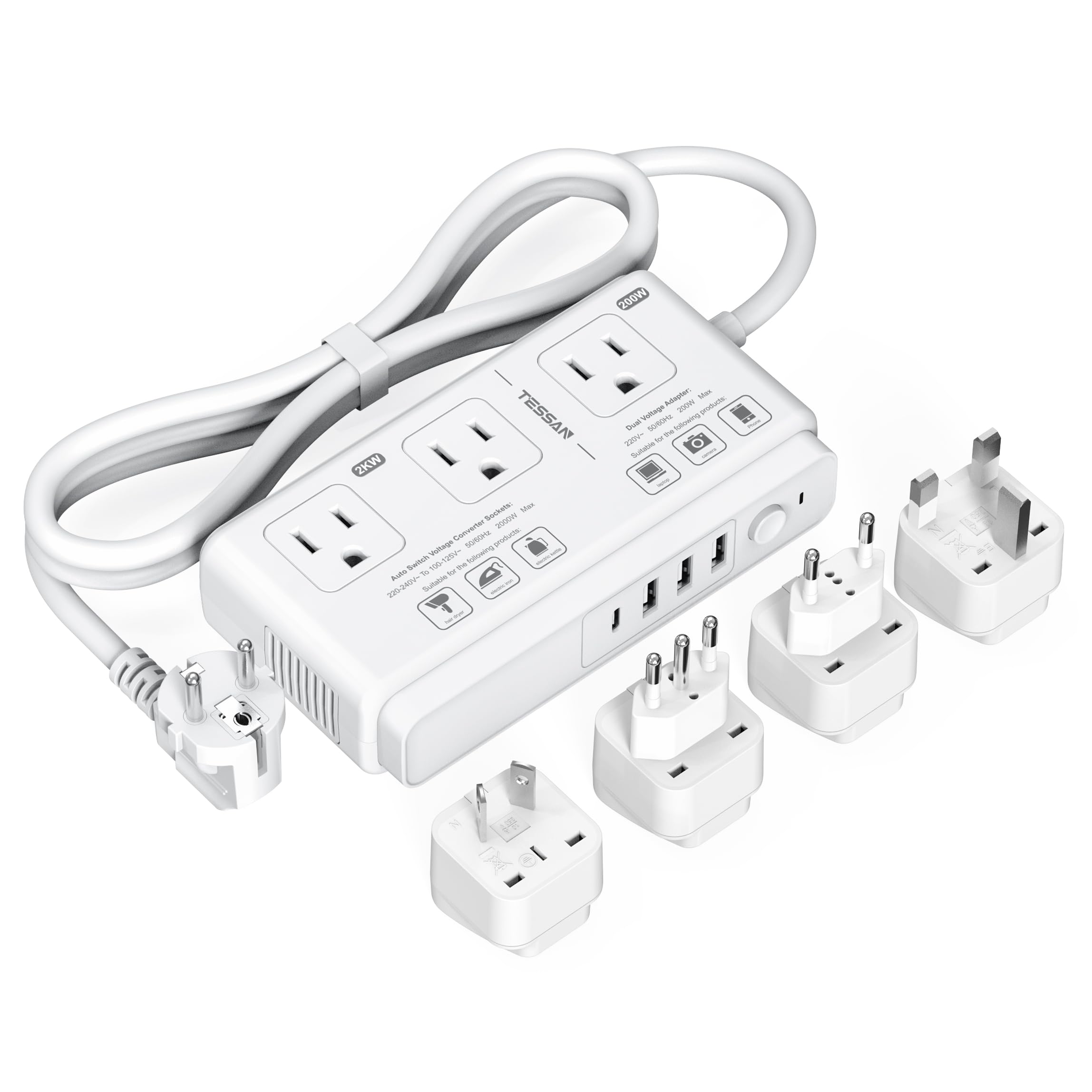220V To 110V Voltage Converter, Tessan Universal Travel Adapter With 4 Usb Charger (1 Usb C), 3 Ac Sockets And Eu/Uk/Au/It Plug