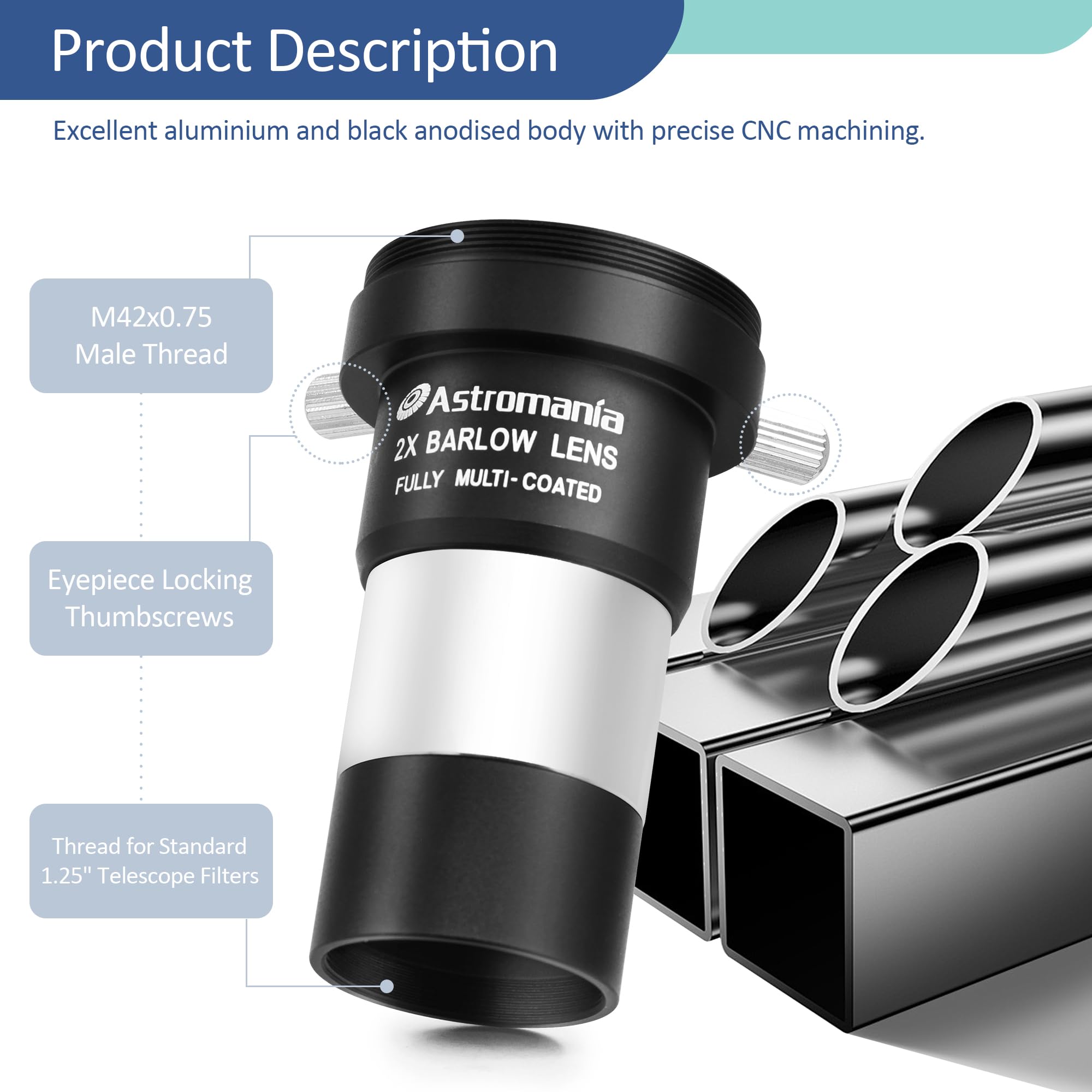 Astromania 1.25'' Latest 2X Barlow Lens Multicoated Metal With M42X0.75 Thread Camera Interface For Telescopes