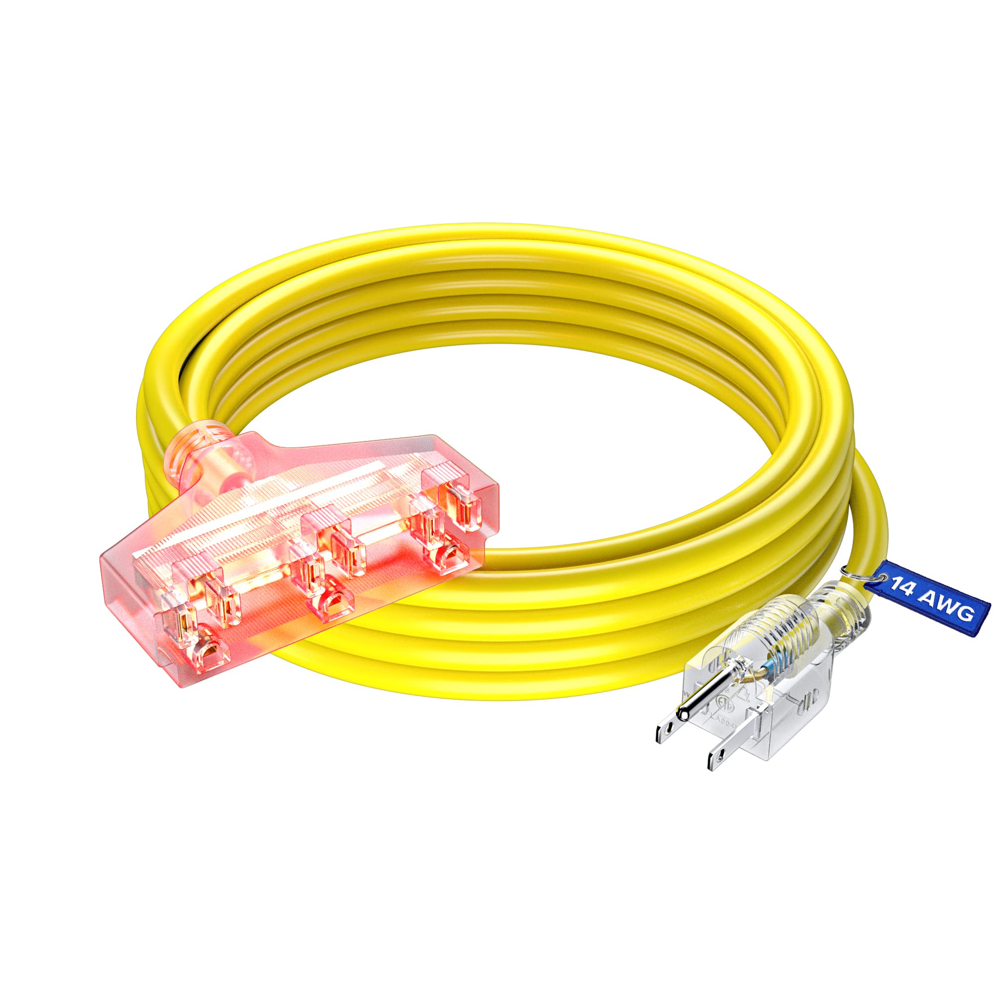 Extension Cord 15 Ft, Extension Cord With Multiple Outlets, Sjtw 14 Gauge (Yellow) Etl Listed