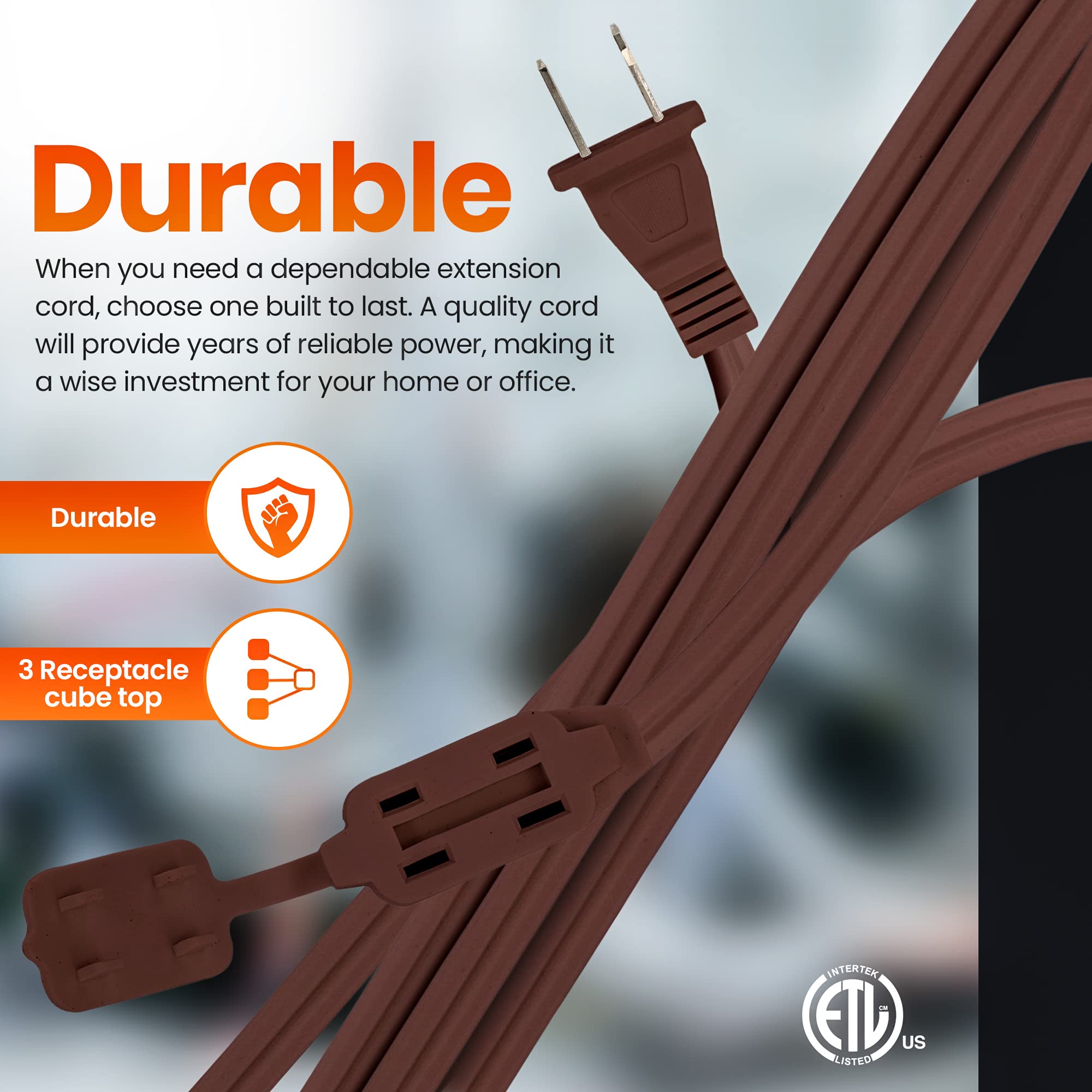 4 Feet Brown Extension Cord, 3 Outlet 2 Prong 16 Gauge Cable, Indoor Use, 3 Receptacle Cube Tap, Extension Cord   By Revpex