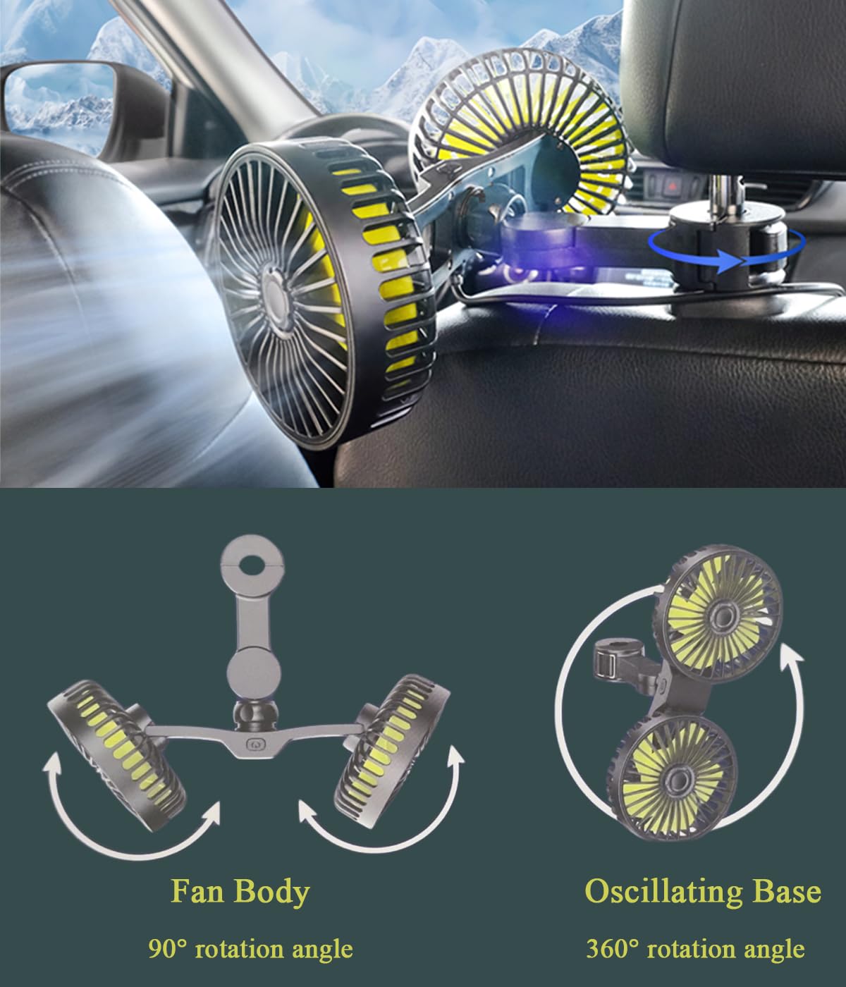 Asandh Car Fan, Dual Head Usb Car Fans For Backseat For Kids, 3 Speed Air Speed And 360 Rotating Rear Seat Cooling Carseat Fan 5
