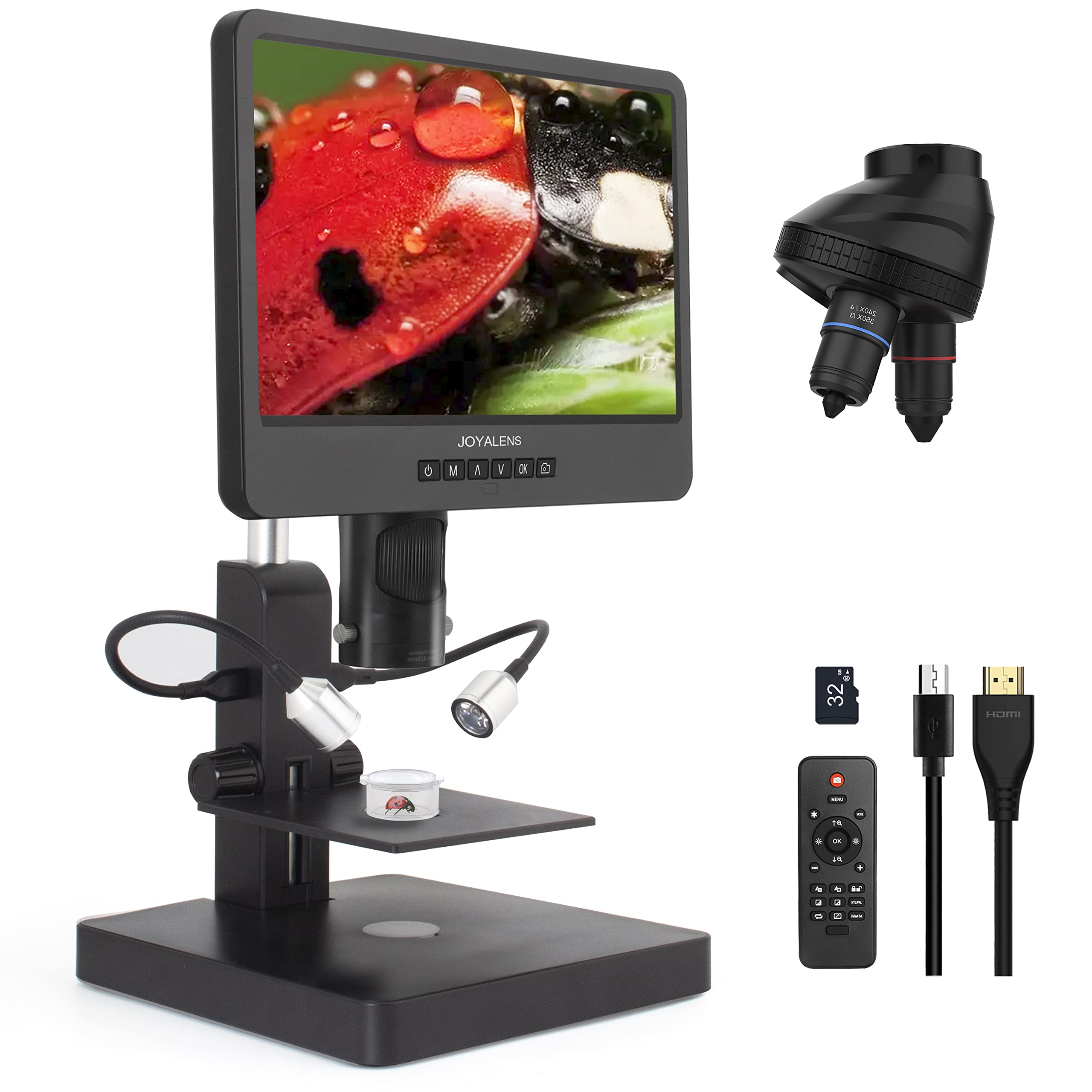 Joyalens Jl249Ps 3 Lenses 10 Inch Hdmi Lcd Digital Microscope, Uhd 4000   24Mp Biological Microscope With Prepared Slides, Coin
