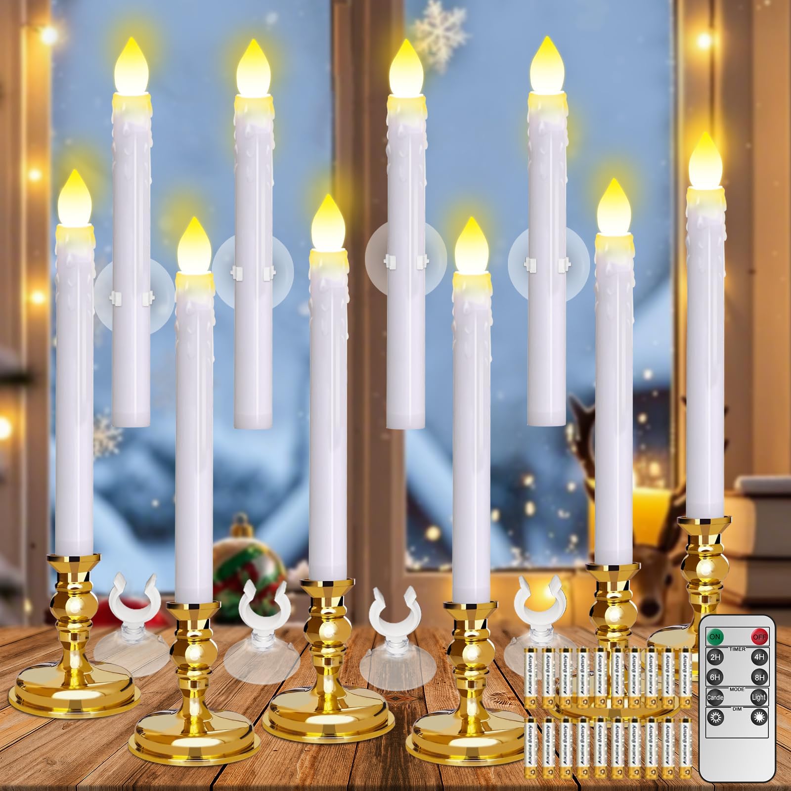 Flameless Candles 10 Pack Battery Operated Window Candles With Drip Texture,Remote Timer,10 Removable Candle Holders,10 Suction