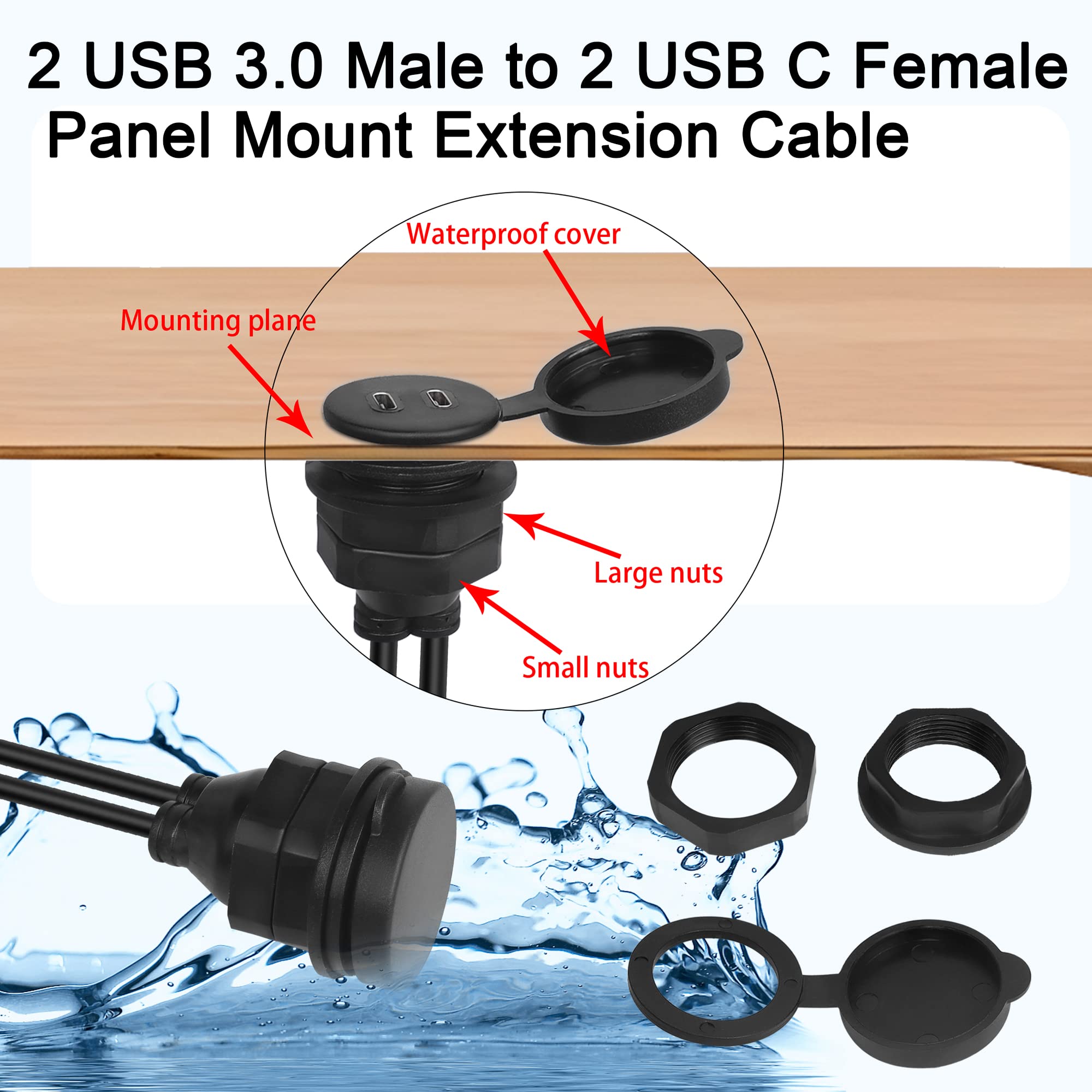 Qianrenon Dual Usb C To Usb 3.0 Threaded Flush Mount Waterproof Cable Adapter, 2 Usb 3.0 Male To 2 Usb C Female Panel Mount Exte