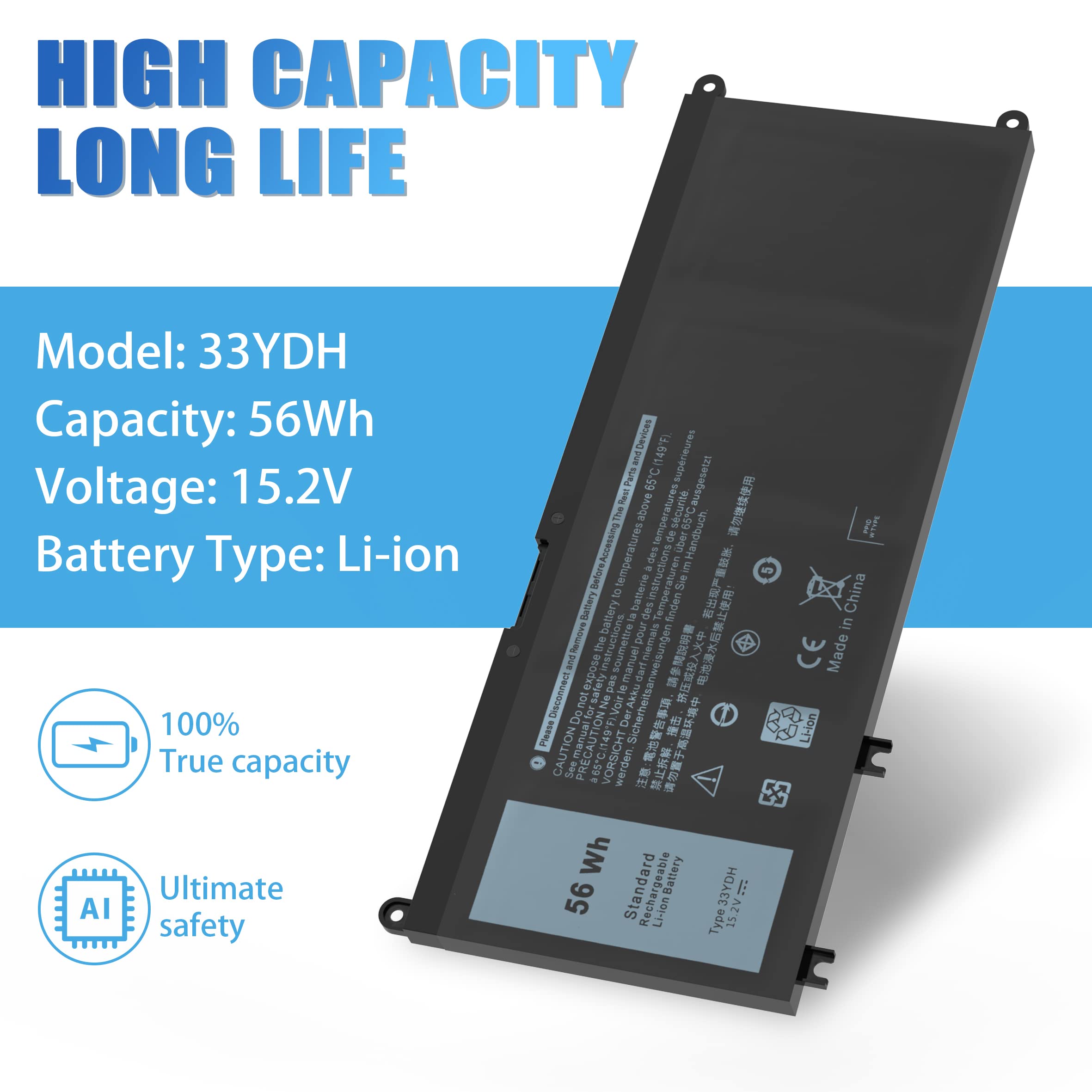 Vnyunqwe 56Wh 33Ydh Battery Dell For Dell Inspiron 17 7000 7786 7779 7773 7778 G3 3579 3779 G5 5587 G7 7588 15 7577 Latitude 13