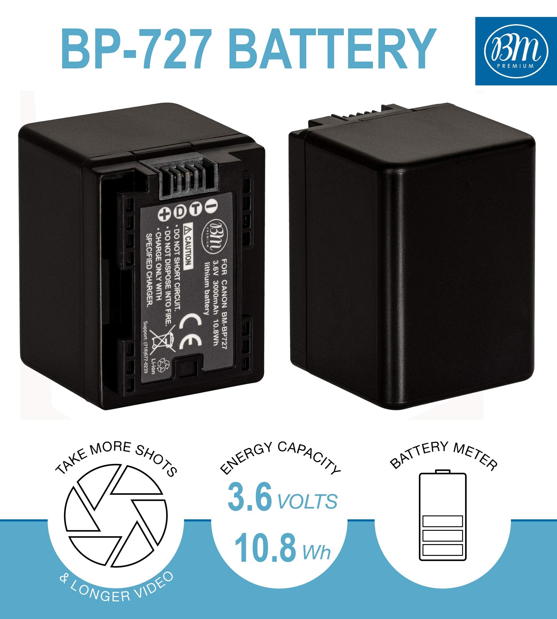 BM Premium 2 BP 727 Batteries and Charger for Canon Vixia HFR80, HFR82, HFR800, HFR70, HFR72, HFR700, HFM500, HFR30, HFR32, HFR300, HFR40, HFR42, HFR400, HFR50, HFR52, HFR500, HFR60, HFR62, HFR600