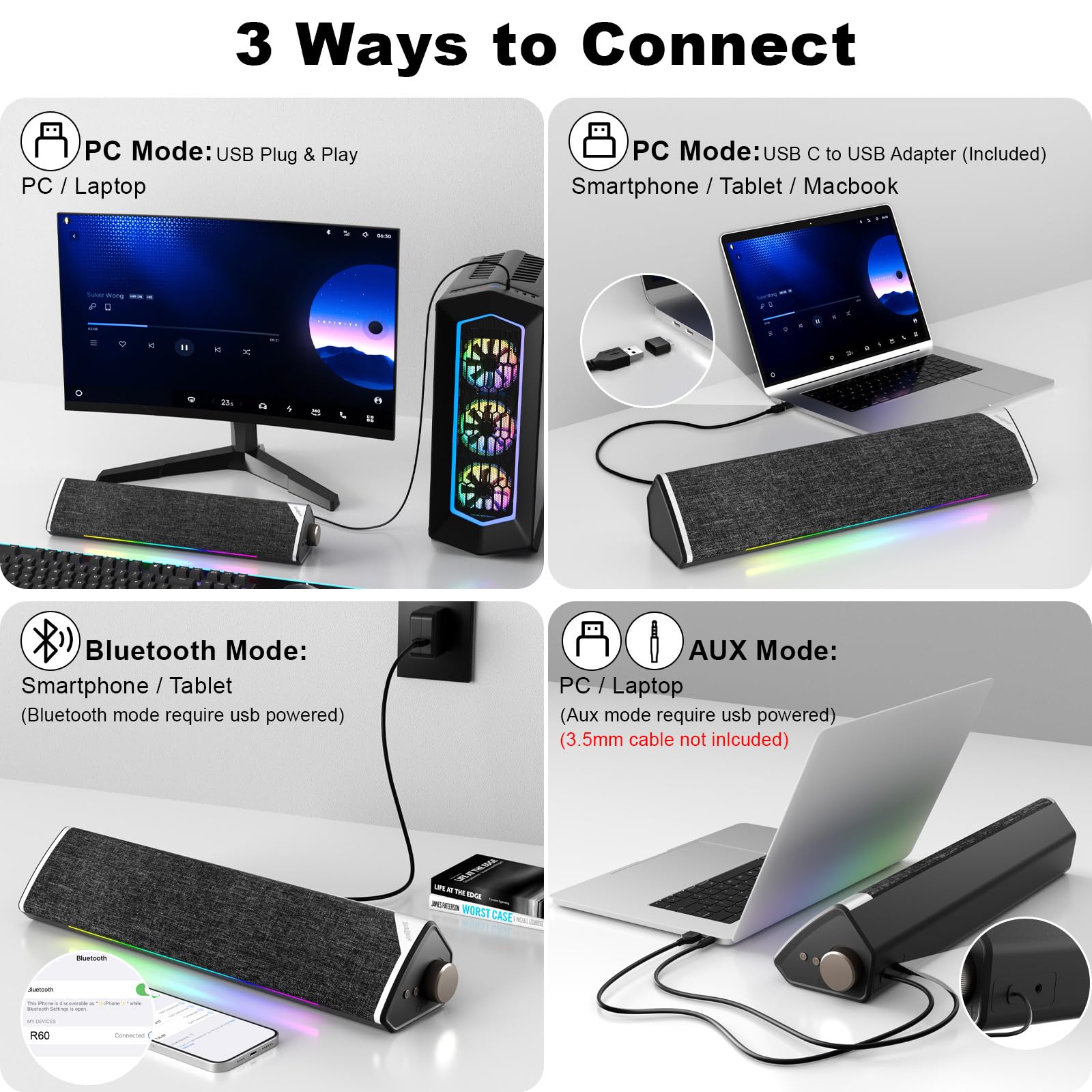 Soulion R60 Bluetooth Computer Speakers, Usb Plug N Play Pc Speakers With Led Dynamic Light, Surround Sound Soundbar Speaker Wit