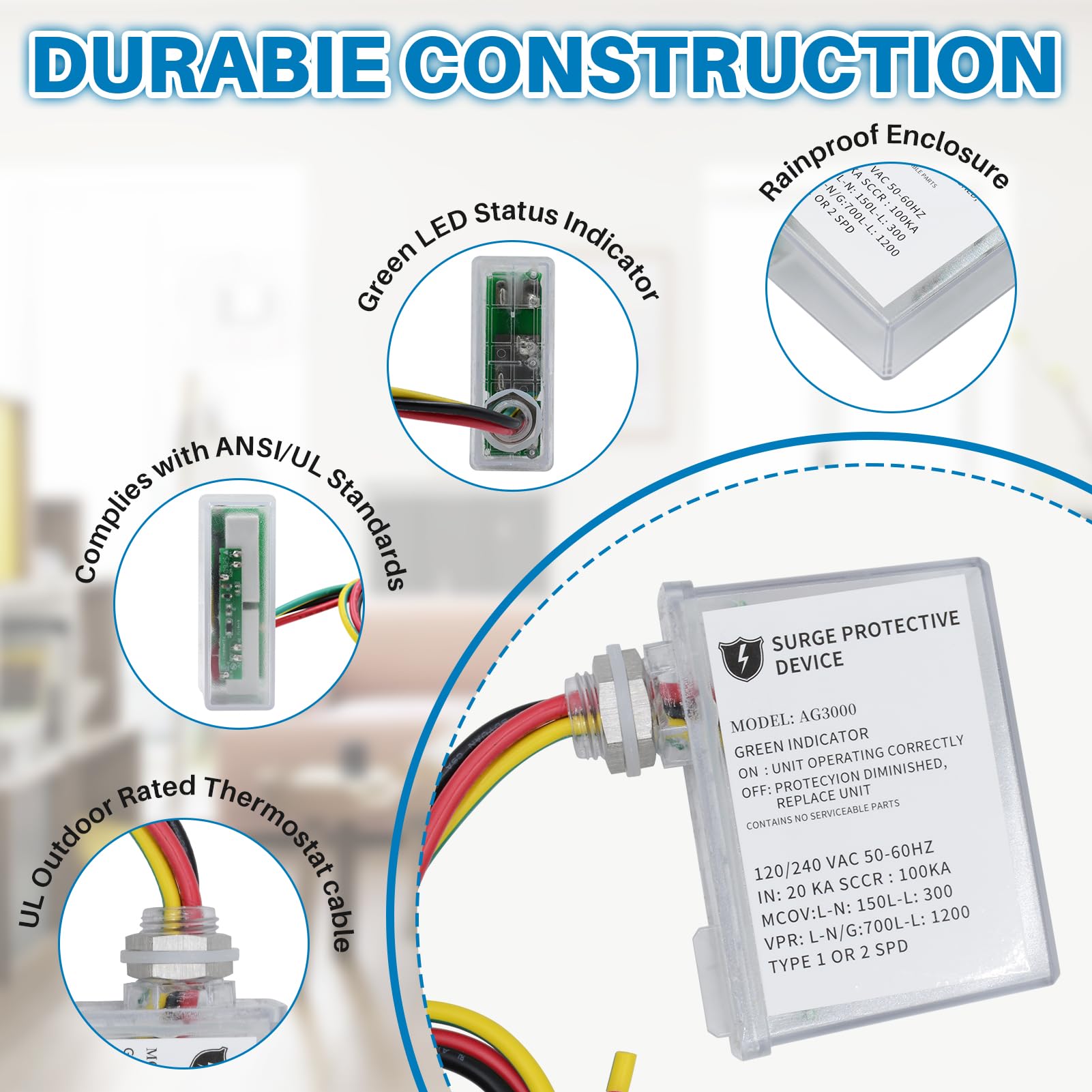 Ag3000 120/240 Vac Hvac Surge Protective Device - Surge Protective Device With Tpmov Technology, Watertight Enclosure, L-G, L-L,
