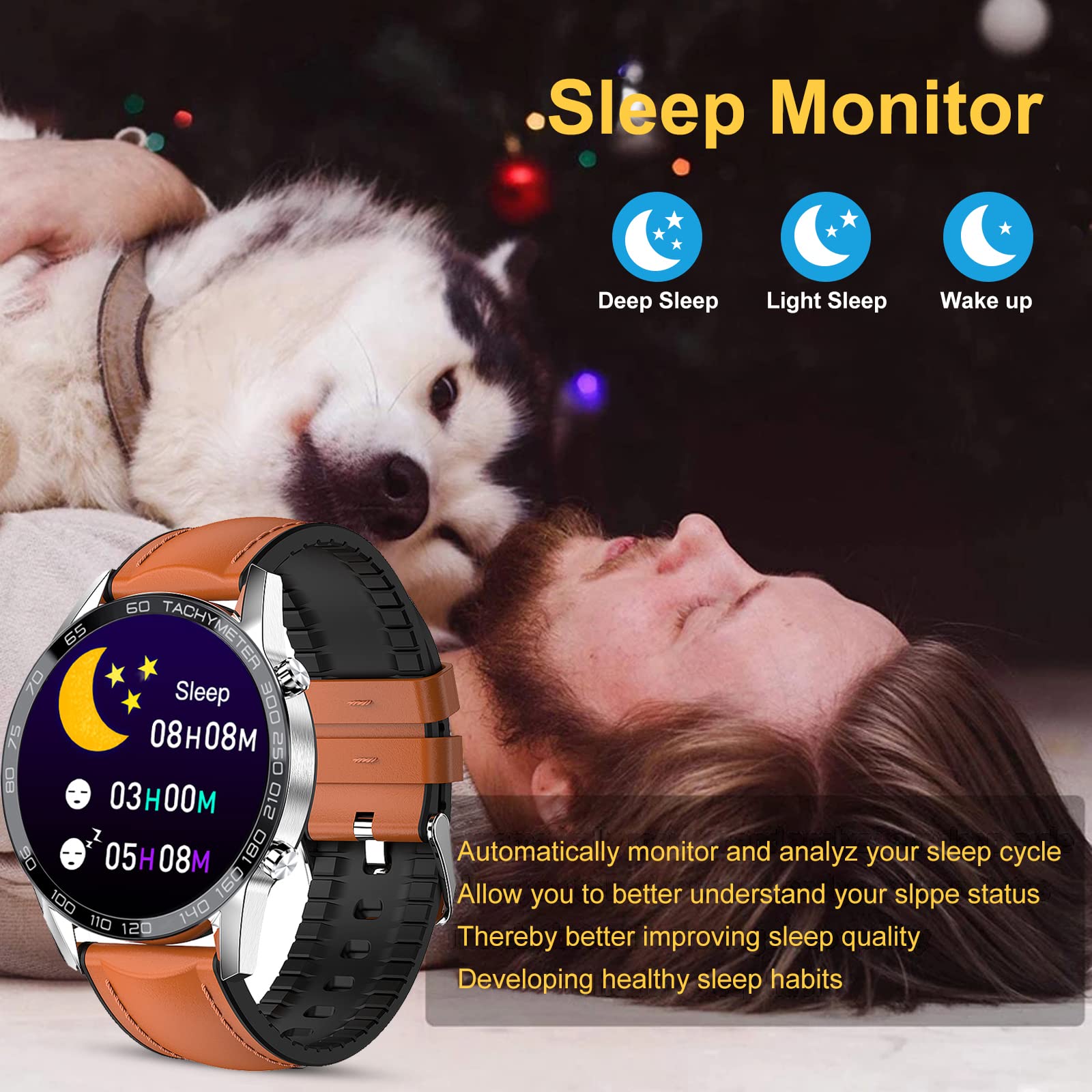 Filiekeu Leather Men Smart Watch For Android Ios, Bluetooth Calls Voice Chat With Heart Rate Fitness Tracker, 1.3 '' Full Touch