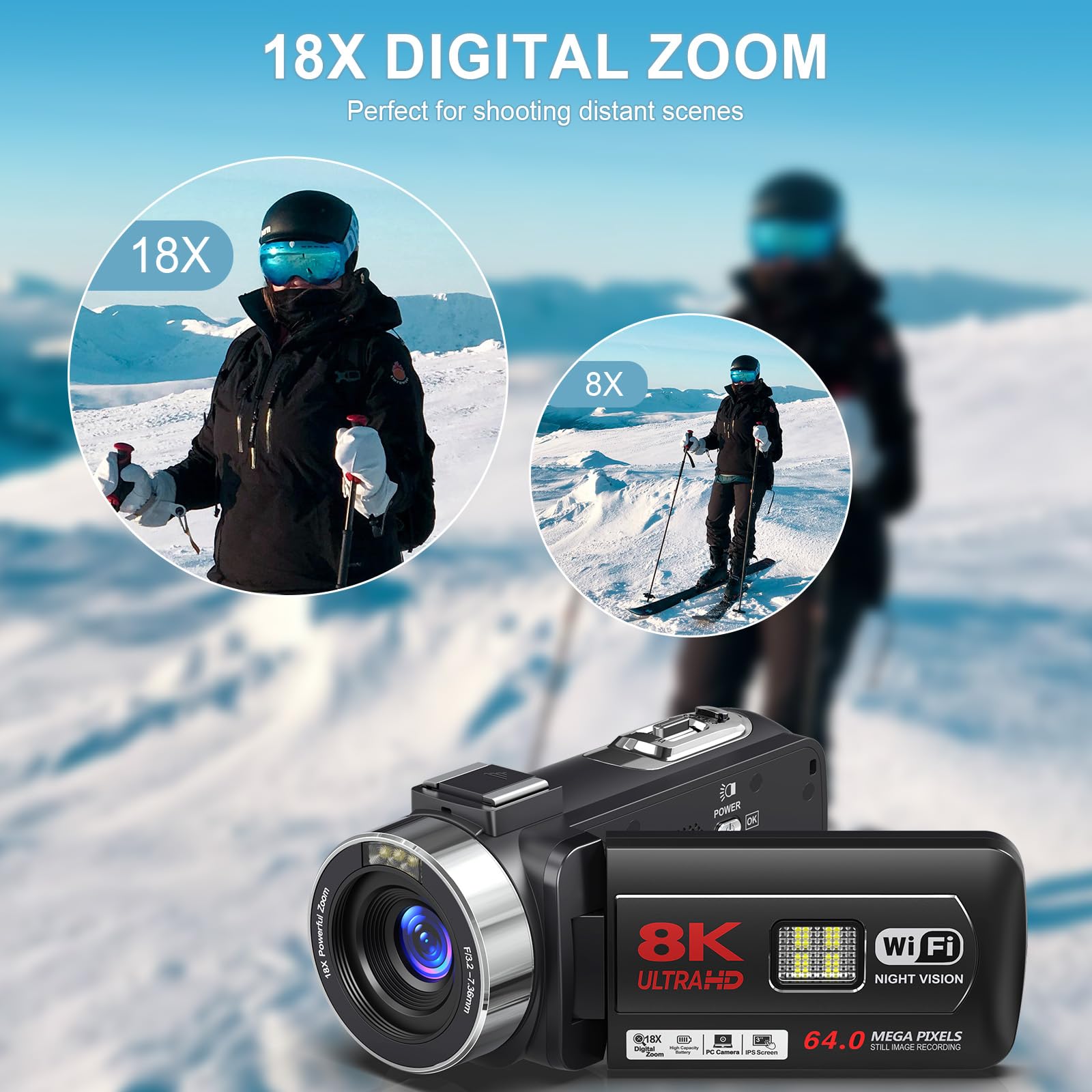 8K 64Mp Camcorder Video Camera 18X Digital Zoom Youtube Vlogging Camera Webcam Ir Night Vision Wifi 3.0   Touch Screen Camcorder
