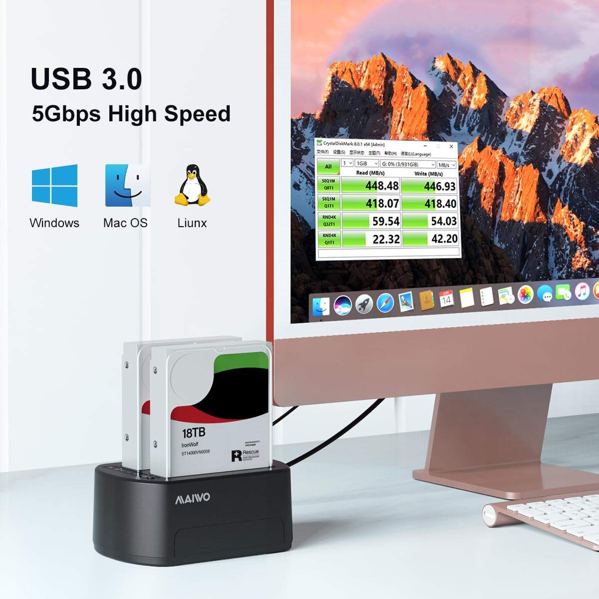 Maiwo External Hard Drive Docking Station With Offline Clone For 2.5/3.5' Sata Hdd/Ssd, 5Gbps With Uasp, 44Tb Capacity, Dual Bay Usb 3.0 To Sata Adapter Duplicator